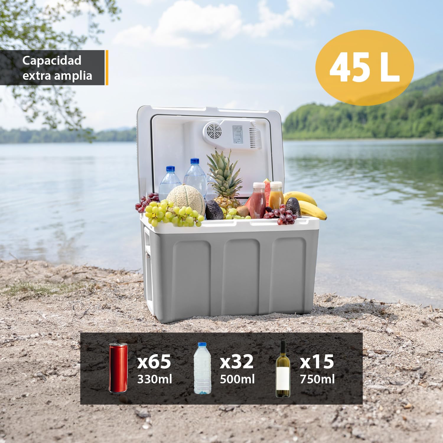 TZS First Austria Nevera eléctrica 45 litros | conexión de 12 V y 230 V | con enchufe de 12 V para el coche | para camping, festivales y viajes | con función de enfriar y mantener caliente | gris