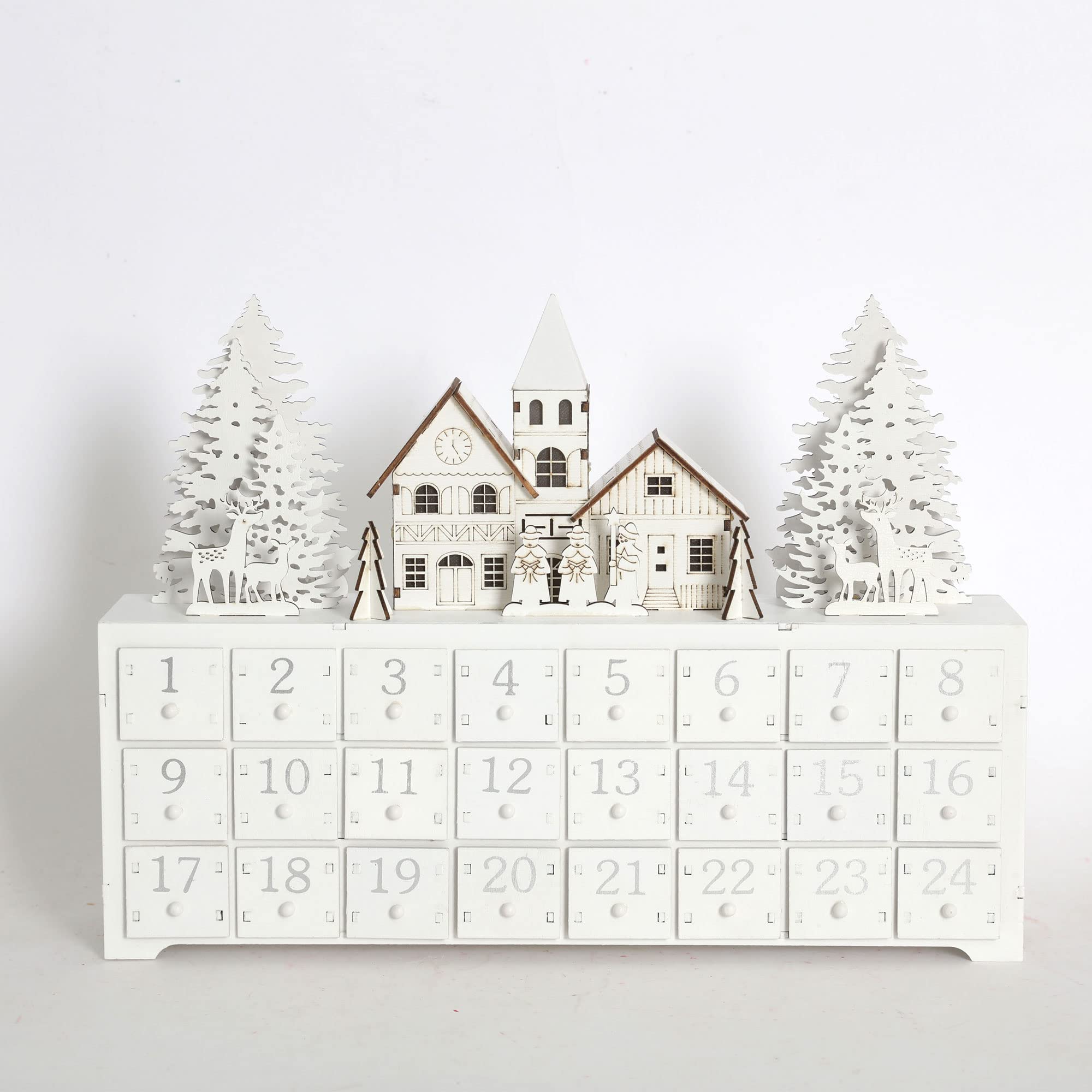 PE Weihnachten Adventskalender zum Befüllen Holz mit LED Winterwald Szene-24 Schubladen Weihnachtskalender mit Silber Rentier Dekorative & Funktionale Aufbewahrung von Weihnachtsgeschenken
