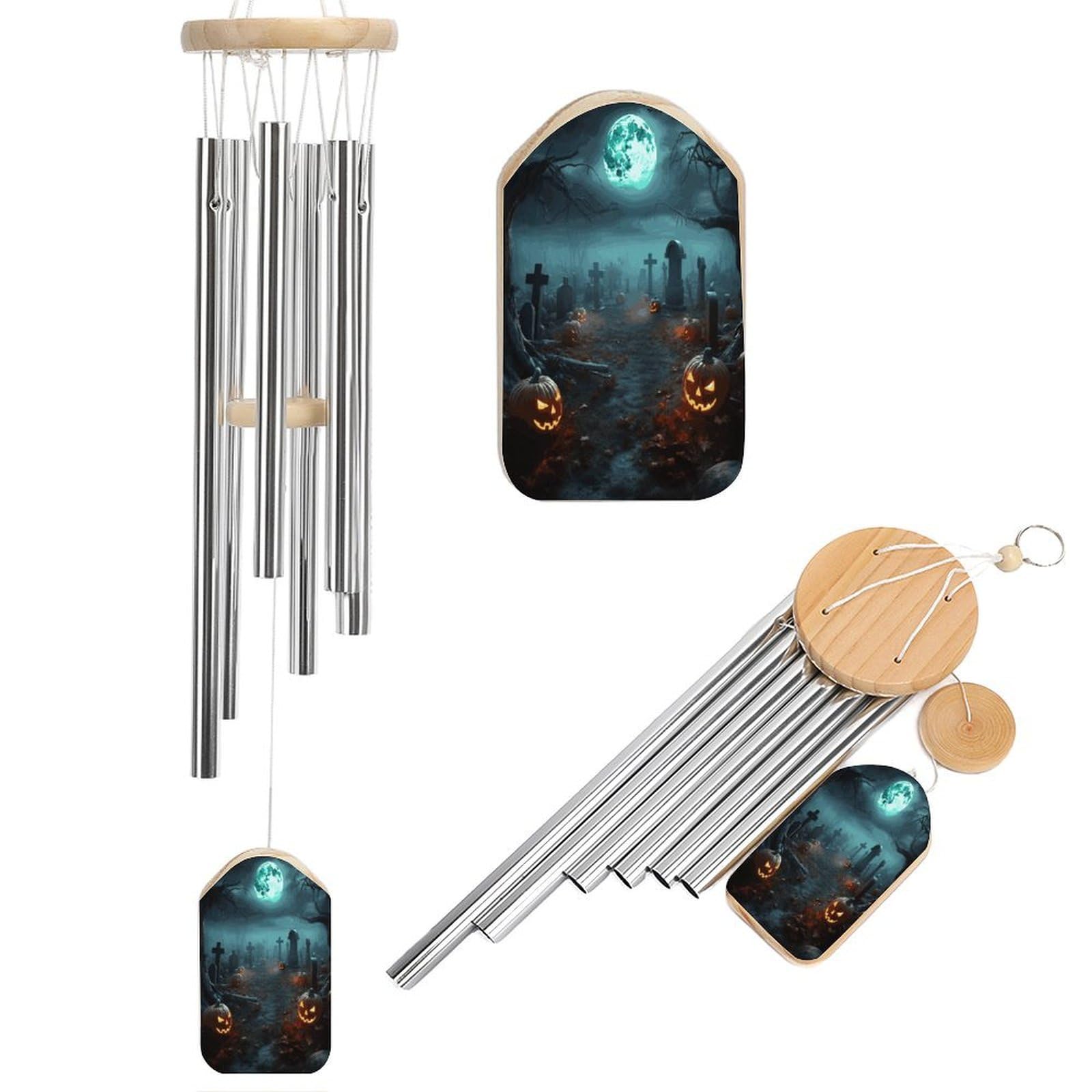 Btcowzrv Style Horror Pumpkin Cemeteryhorror Pumpkin Cemetery Wind Chimes For Outside, Hanging Windchimes With 6 Aluminum Tubes, Memorial Wind Chime For Patio Backyard Garden And Outdoor Decor