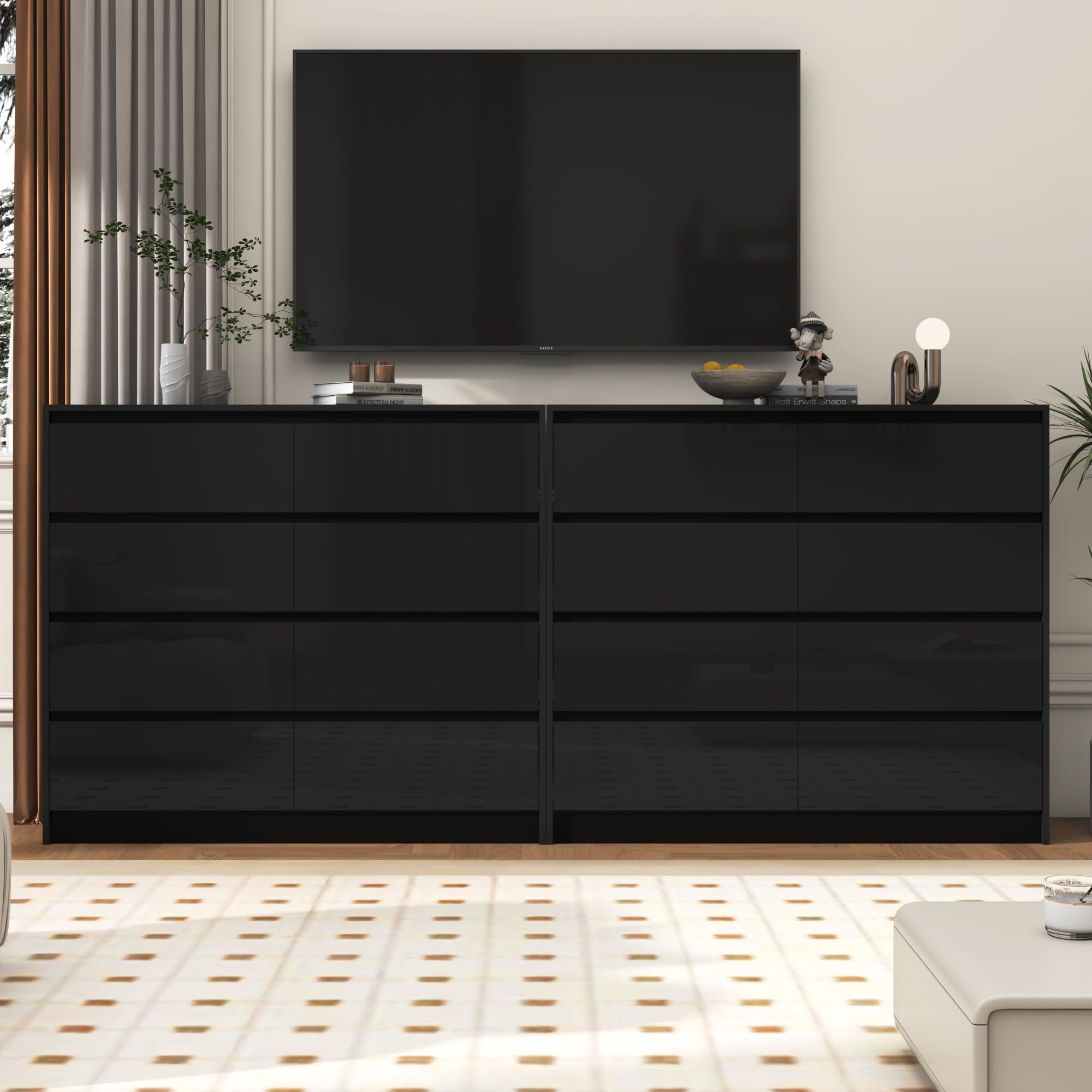 Amazon.com: jiteentarou Black Malm High Gloss Dresser for Bedroom, 47" Wide  41" Tall Dresser with 8 Drawers, Modern Large Wood Chest of Drawer Handle  Free, Living Room, Entryway, Hallway, Black : Home