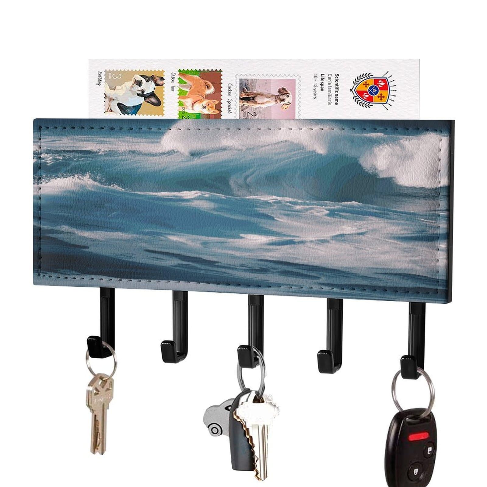 FekiLoot Ocean Waves Key Holder Wall Mount Key and Mail Holder Key Hanger with 5 Hooks Decorative PU Key Rack Hanging Key Hooks for Wall Living Room Kitchen Bathroom Hallway Black-Style