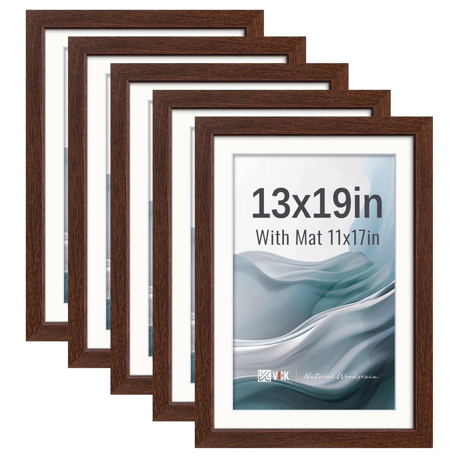 VCK 13x19 Picture Frame 5 Pack, Brown Exclusive Wood, HD Glass, for Prints