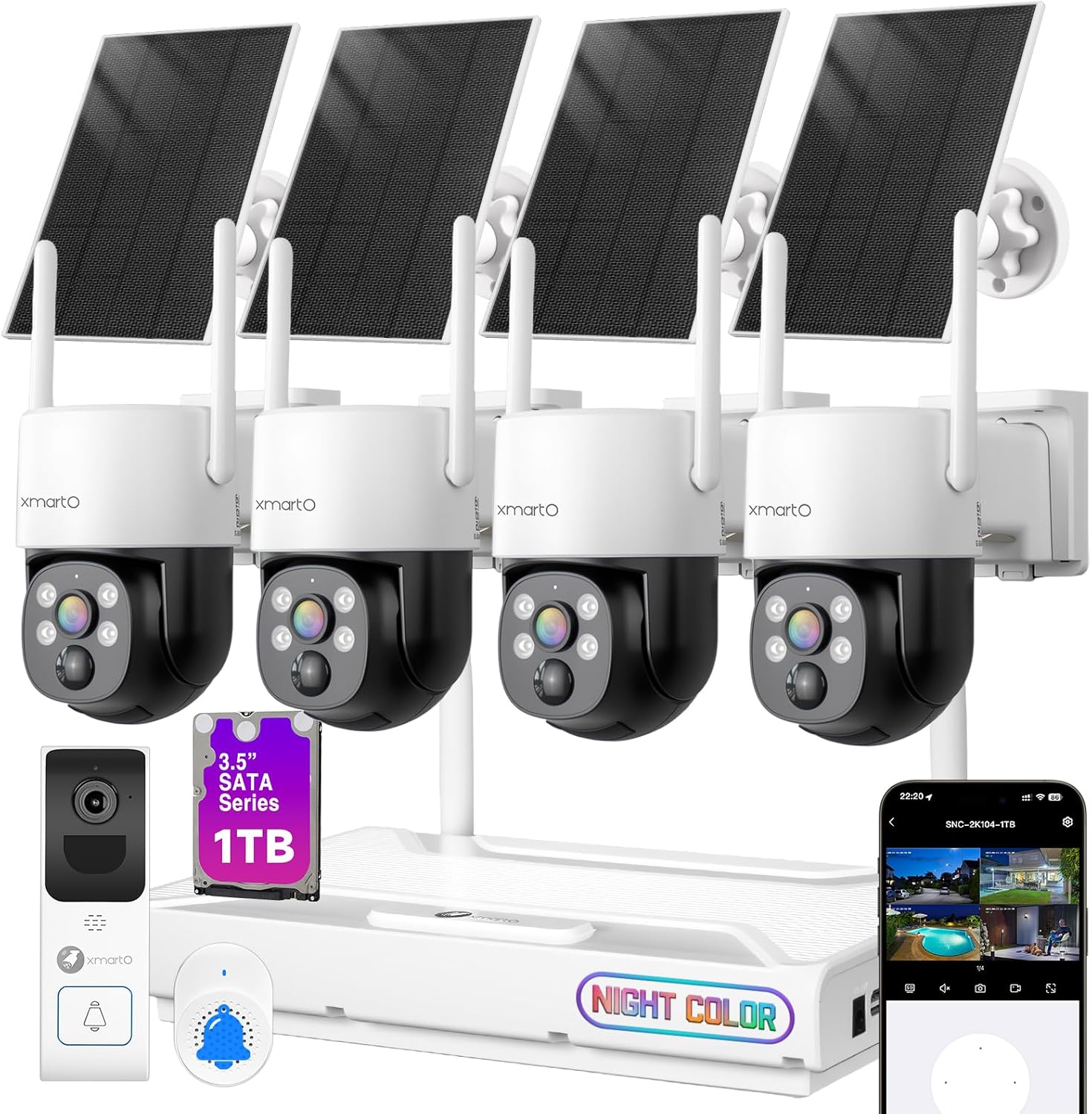 [Doorbell + 4-CAM] XMARTO Wire-Free Solar PTZ Security Camera System & Video Doorbell Bundle, 2K 0-Light Night Color Vision, WiFi 6 Wireless 4MP HD Cam, 10CH 4K NVR 1TB HDD, No Monthly Fee