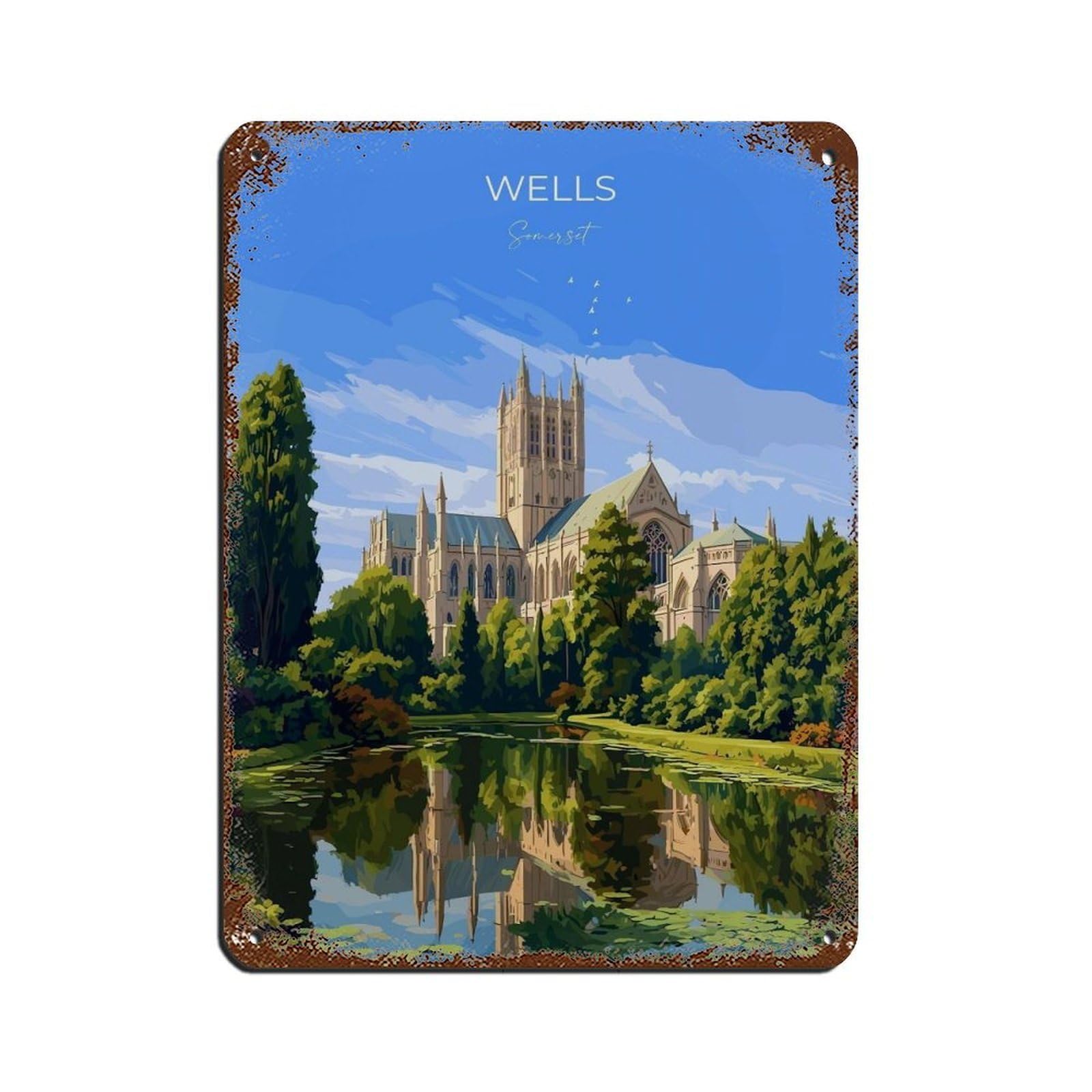 Poster de voyage de la cathédrale de Wells Angleterre salon vintage peinture fer 30x40cm