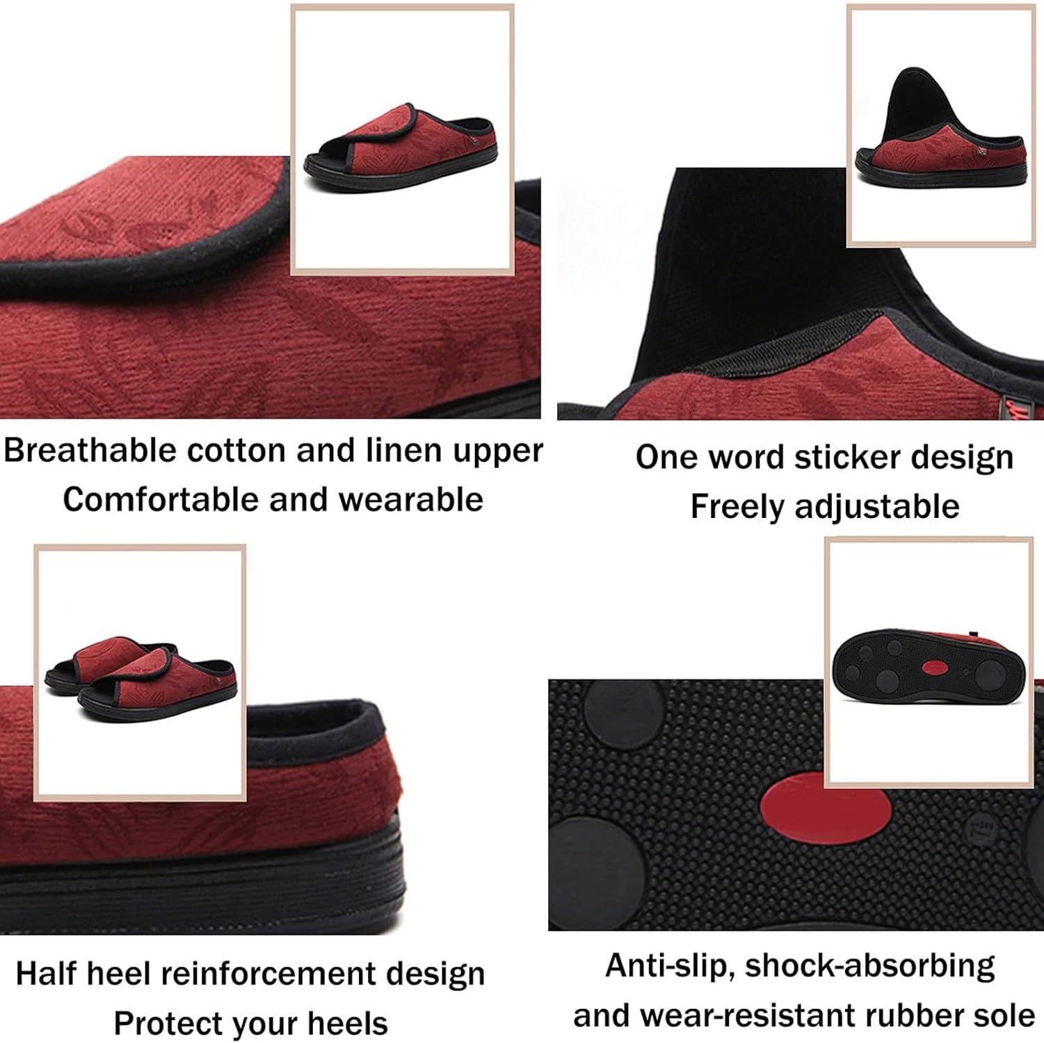 Scarpe per Diabetici Estive Donna con Strappo per Diabetici, Pianta Larga Estive Pantofole Aperto Molto Larghe, Sandali Aperto per Anziani Artrite Edema Gonfiore Slipper Red,38