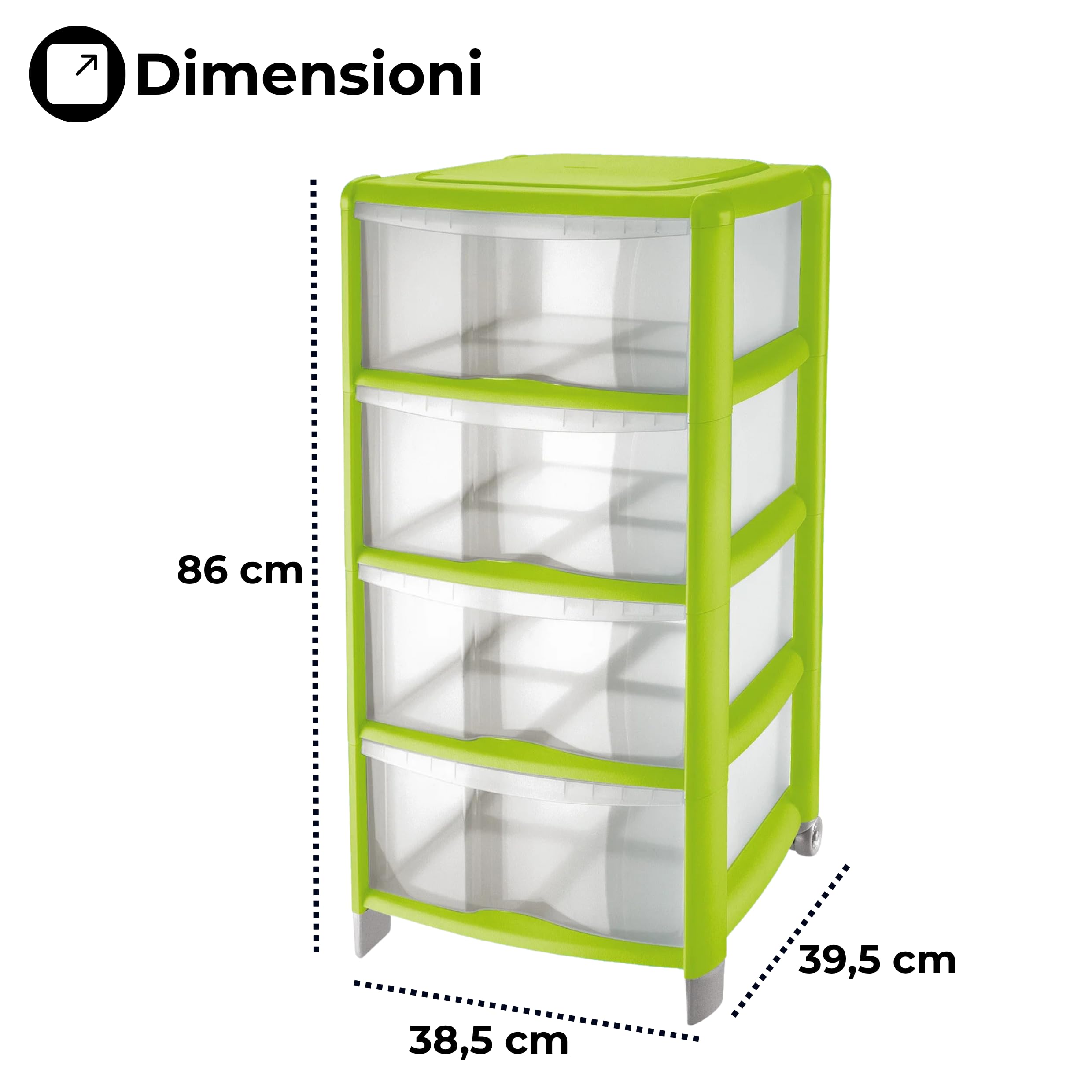 Cassettiera a 4 Cassetti Alta Design Moderno Multiuso con Piedini e Ruote Color Trasparente/Lime da Bagno,Ufficio,Camera,Ripostiglio 38,5x39,5xH86cm