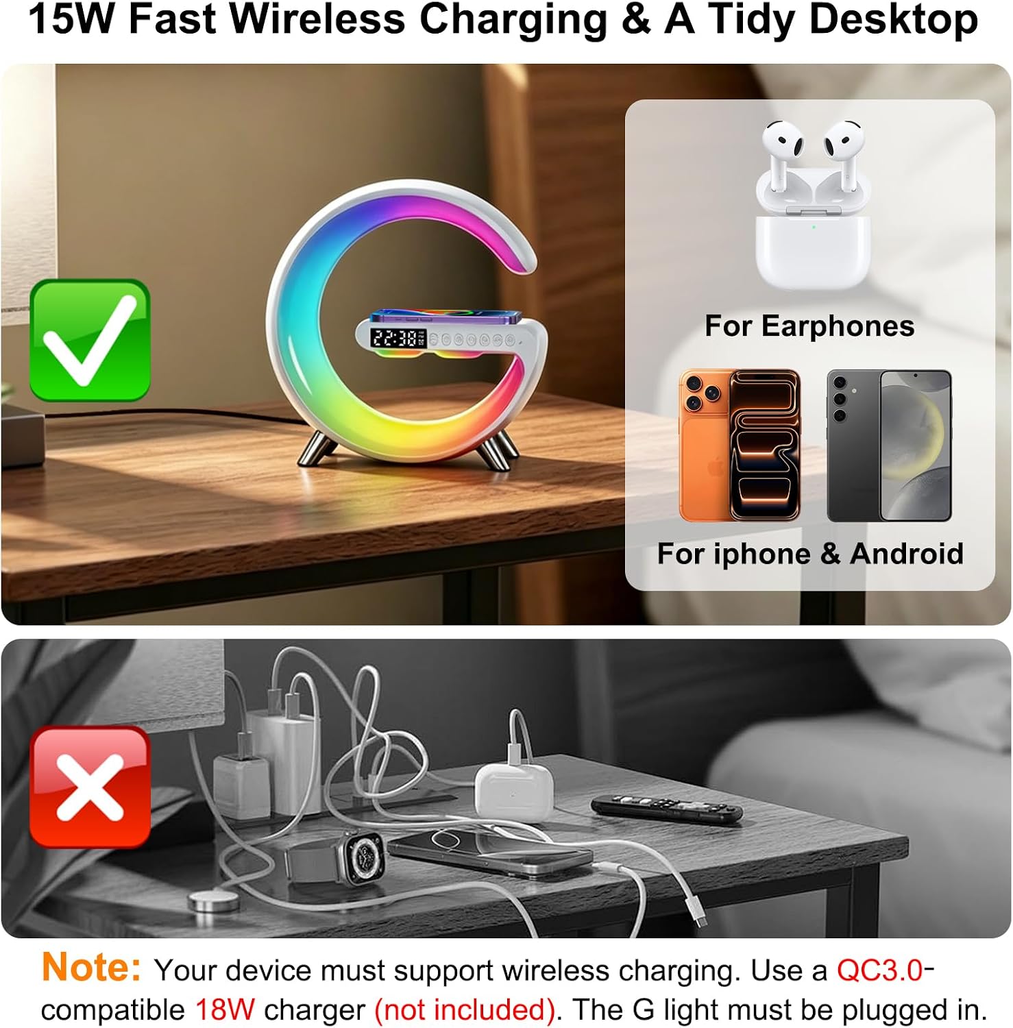 4 In 1 Smart LED Table Lamp, Alarm Clock, Bluetooth Speaker, Wireless Charger, App Control Night Light Bedside Lamp with Fast Charging Station for Bedroom, Home Decor, Family, Teen Girls Boys Gifts