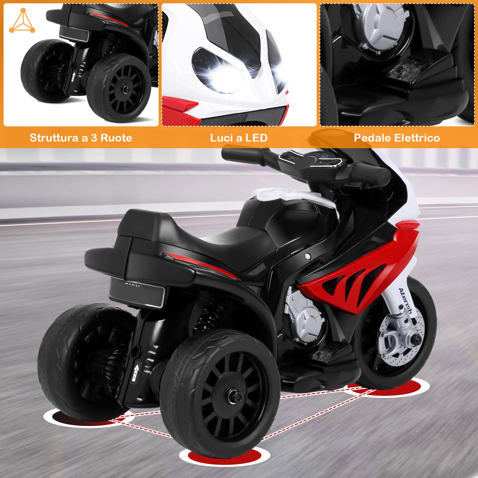 RELAX4LIFE BMW-S 1000 RR 6V Moto Elettrica Bambini 3 Ruote Musica Luci Clacson Triciclo Elettrico 18-36 Mesi 20 kg Rossa