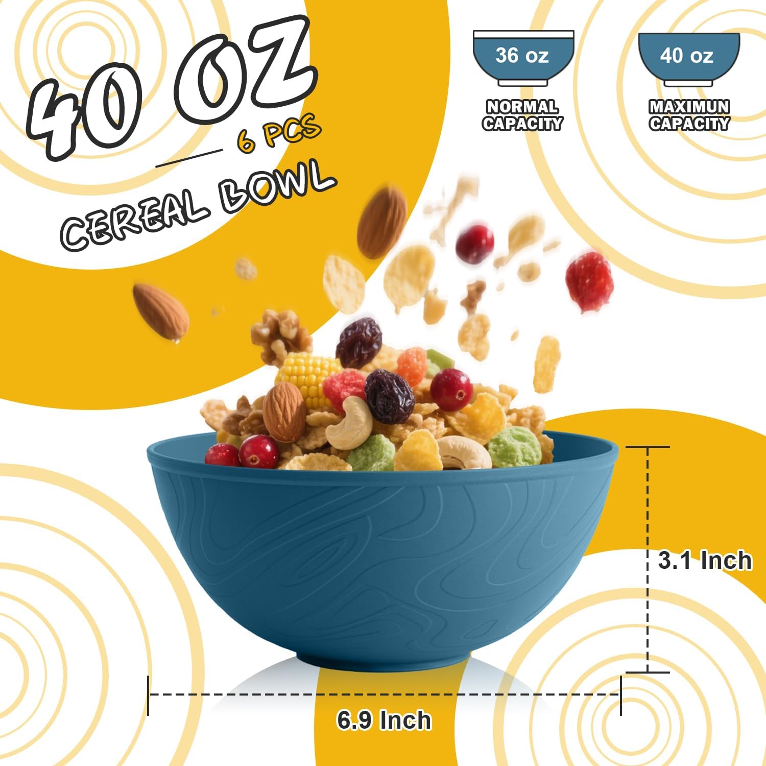 Unbreakable Large Cereal Bowls 40 OZ, Wheat Straw Bowls Set of 6, Alternative Plastic Bowls for Kitchen, Outdoors, Microwave & Dishwasher Safe Bowl Set for Salad, Cereal, Soup, Ramen, Multi - Image 2
