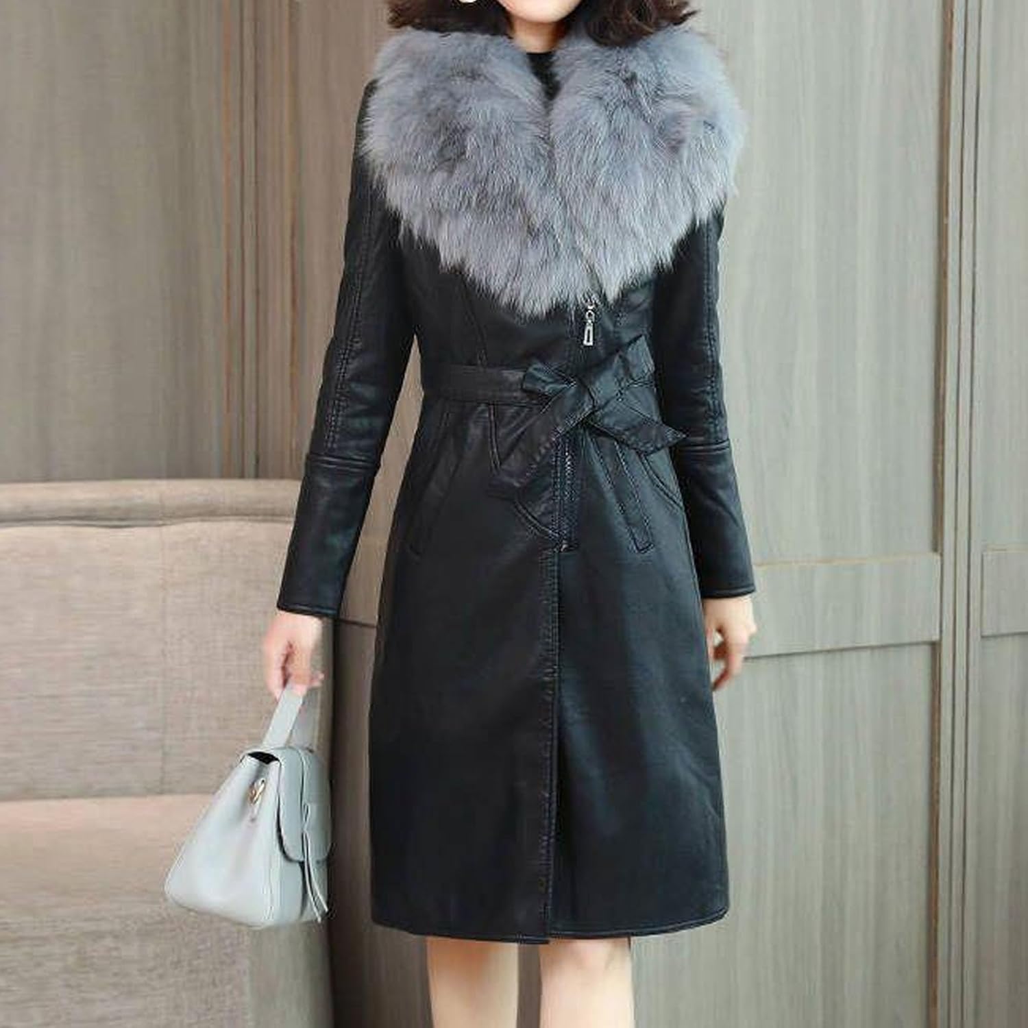 Women Faux Leather Puffer Jacket Winter Warm Leather Coat With Faux Fur Collar Belted Outerwear
