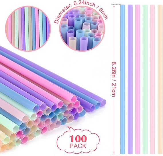 [100 Pcs] Colorful Disposable Plastic Drinking Straws - 8.26 Long & 0.24 Diameter Cute Straws for Juice,Coffee,Milk,Cocktail, Ideal for Bachelorette Party, Birthday Party, Bridal Shower, Baby Shower