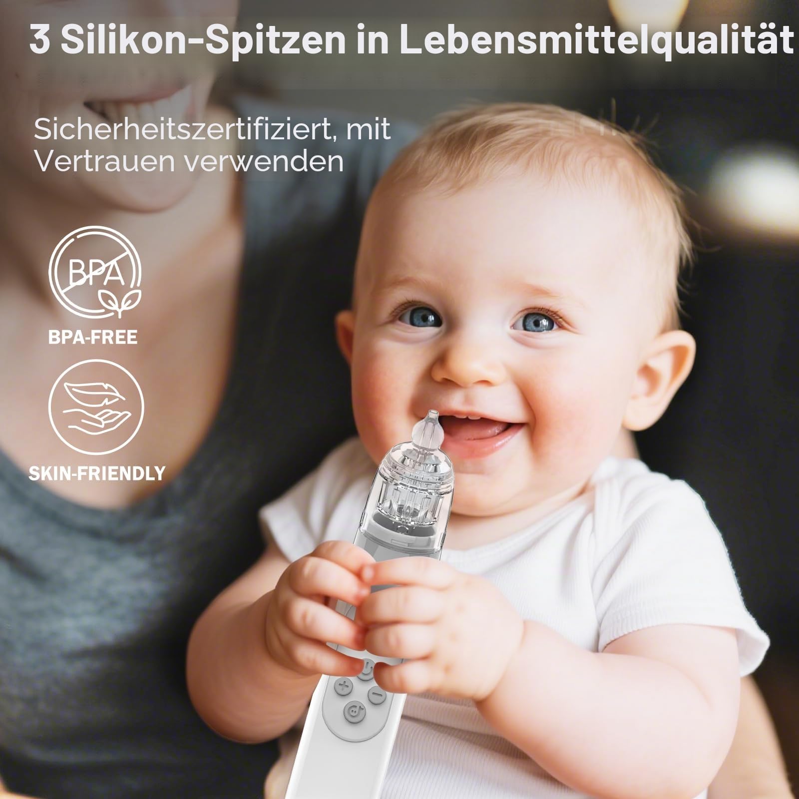 Nasensauger Baby, Baby Nasensauger mit 3 Silikonspitzen und 5 Einstellbaren Saugstufen, Anti Rückfluss Nasenreiniger mit Musik & Licht Beruhigend, Wiederaufladbar für Neugeborene und Kleinkinder