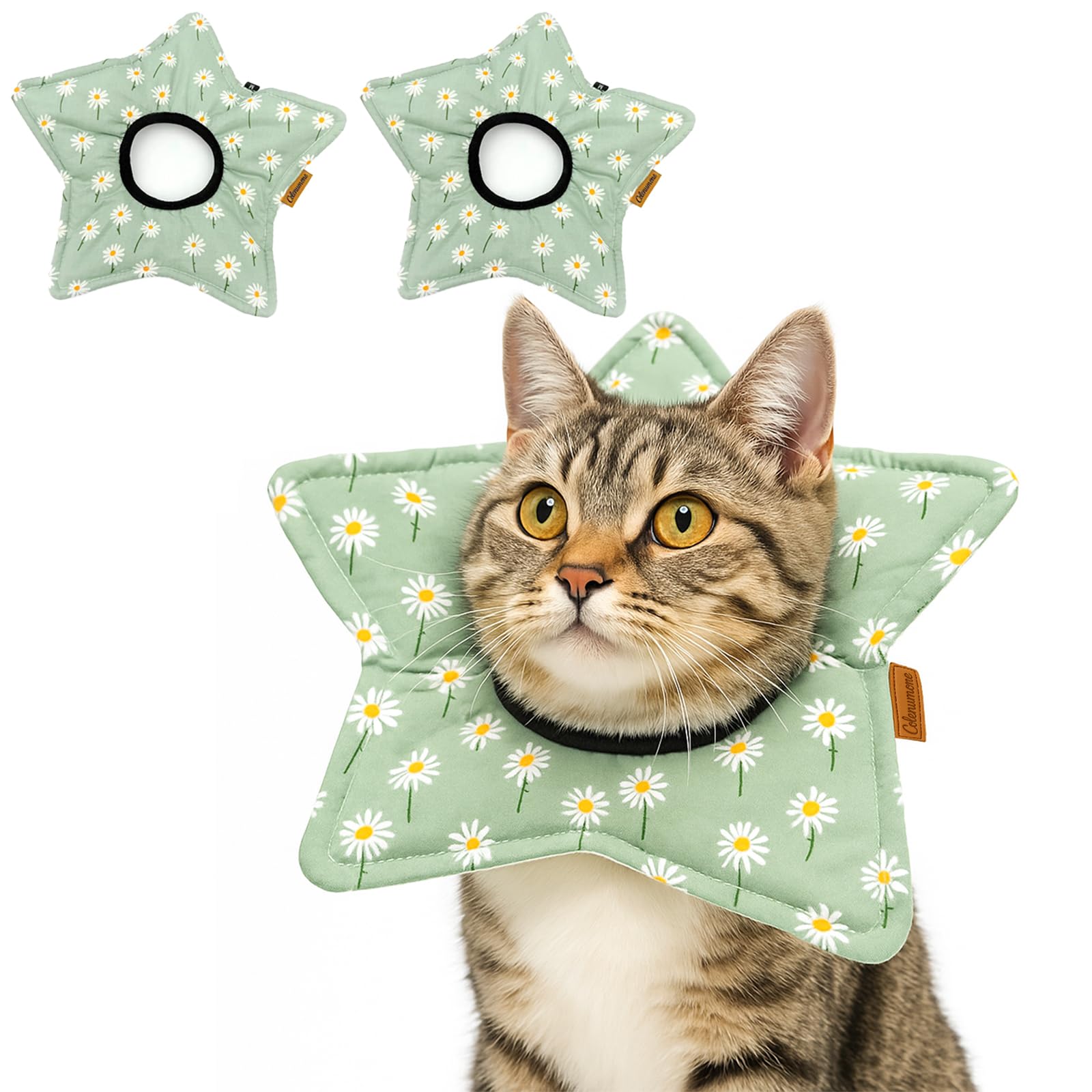 Colenumone 2 Pack Star Soft Cat Cone, Adjustable Floral Recovery Collar for Cats & Kittens, Comfortable Elizabethan E-Collar for After Surgery & Wound Healing(M)