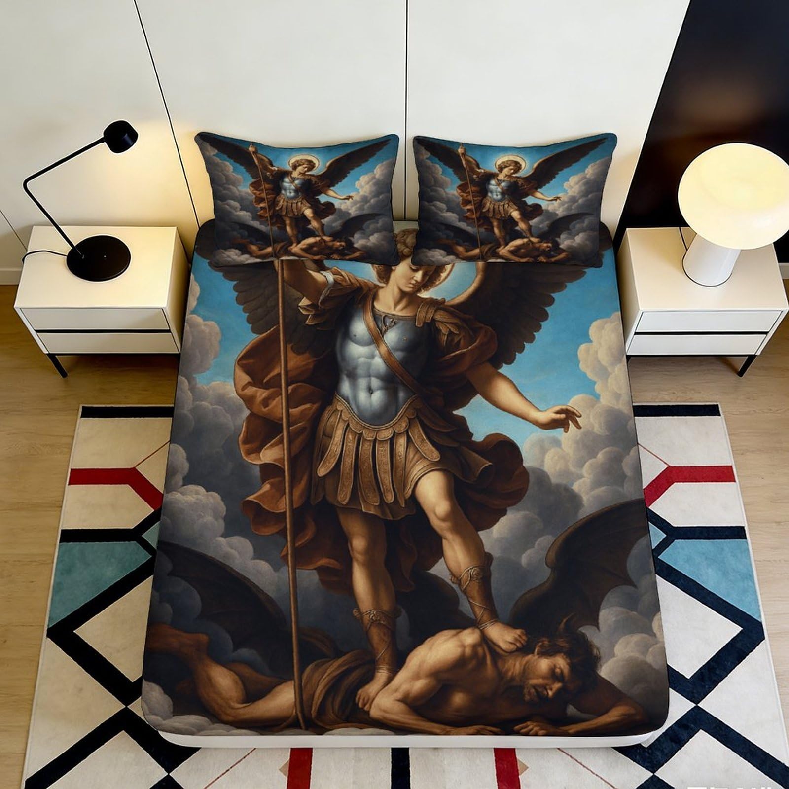 3D Printed Archangel Michael Fitted Sheet Microfiber Artistic Renaissance Angel Bed Cover for Bedroom Dorm Decor Mattress Protection 90x200x25cm