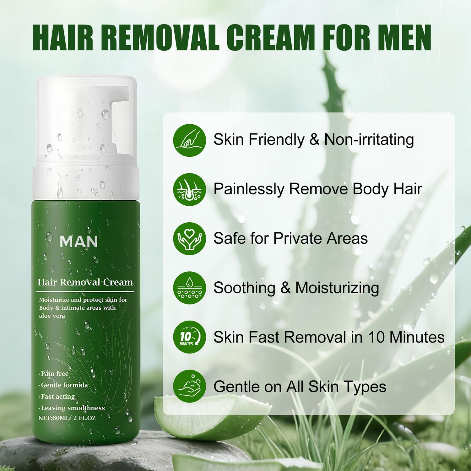 2pc Botane Man Hair Removal Cream with Natural Aloe Vera, Quick & Gentle for Face and Body, Moisturizing & Non-sticky Formula