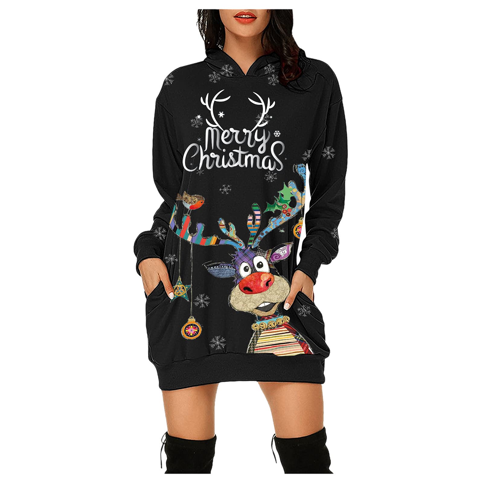 Womens Long Hoodies Sweatshirt Jumper Christmas Sweatshirt Dress