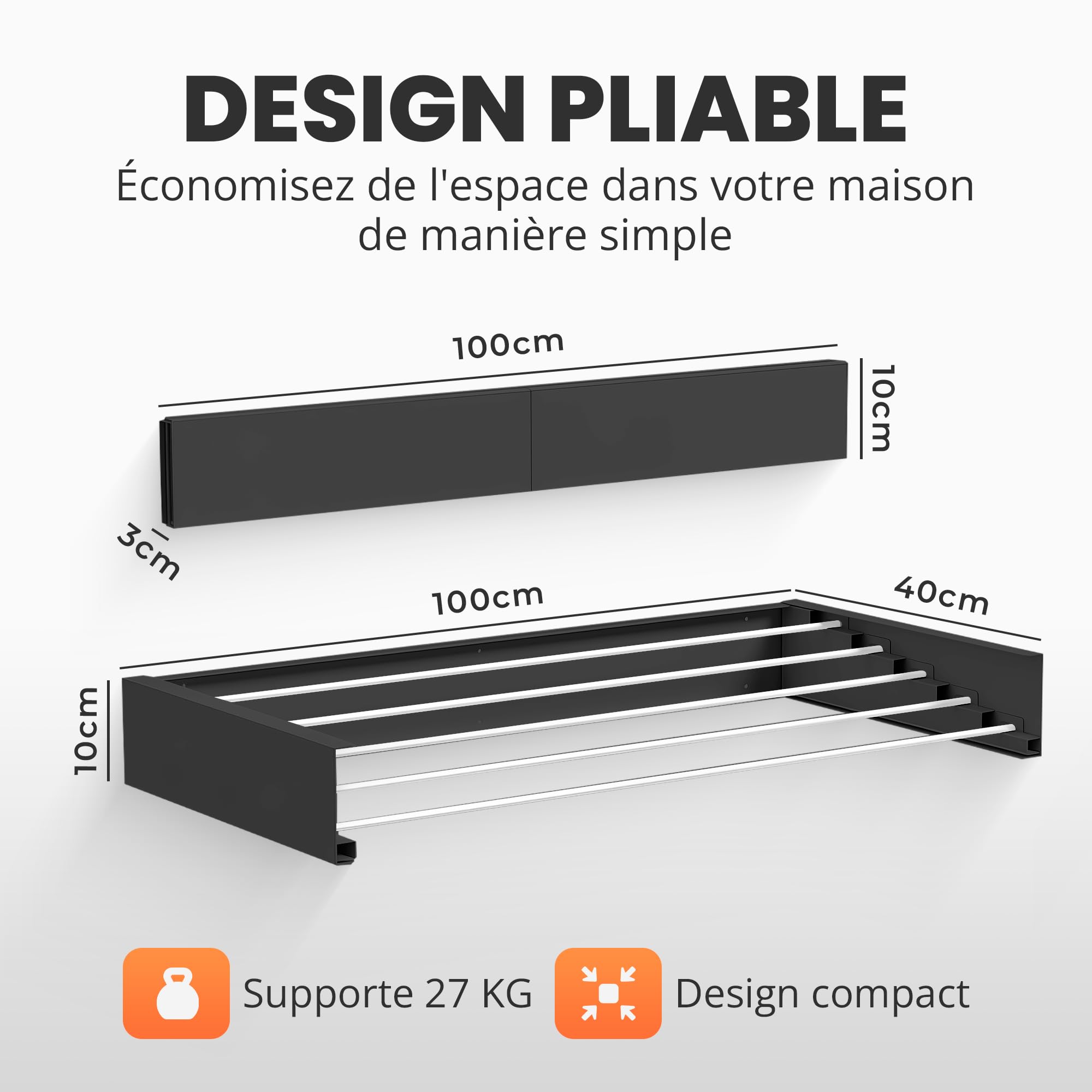 JUPPLIES Étendoir à Linge Mural Rétractable 100 cm – Séchoir Pliable Mural pour Intérieur ou Extérieur – Étendoir Compact en Aluminium 30 kg de Capacité (Noir)