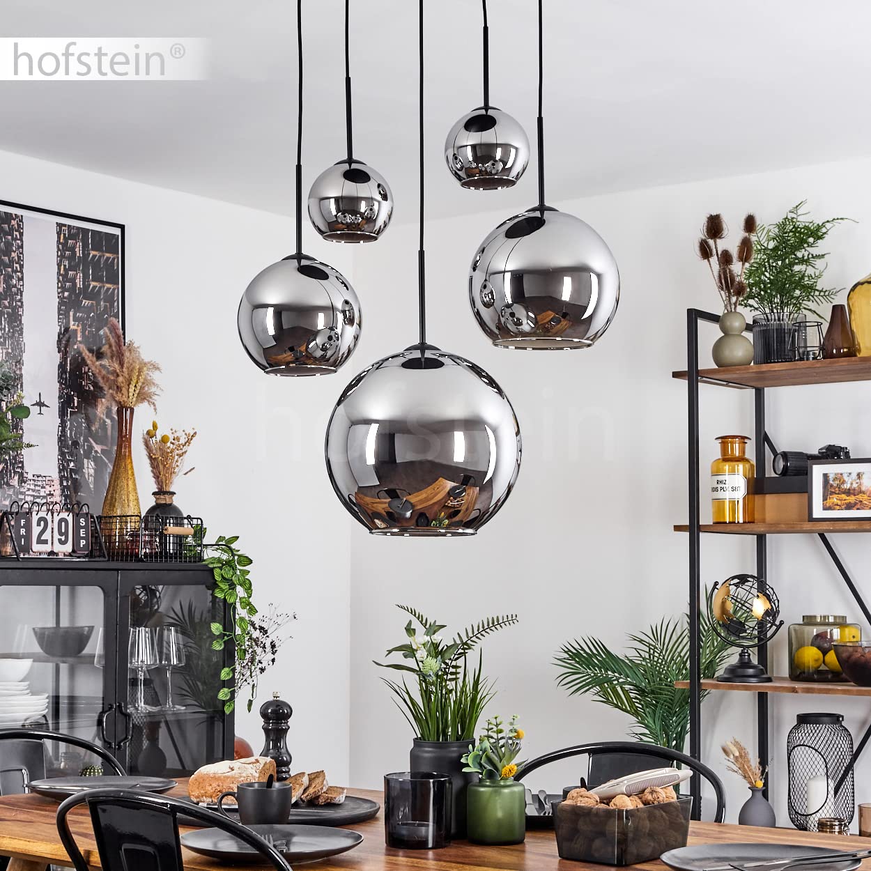 HOFSTEIN Hängeleuchte Koyoto, 5-flammige Hängelampe aus Metall/Glas in Schwarz/Chrom-/Rauchfarben, Pendelleuchte im Retro/Vintage-Design, Ø Schirme 15; 20; 25; 30 cm, E27, Esszimmer, Küche, Wohnzimmer