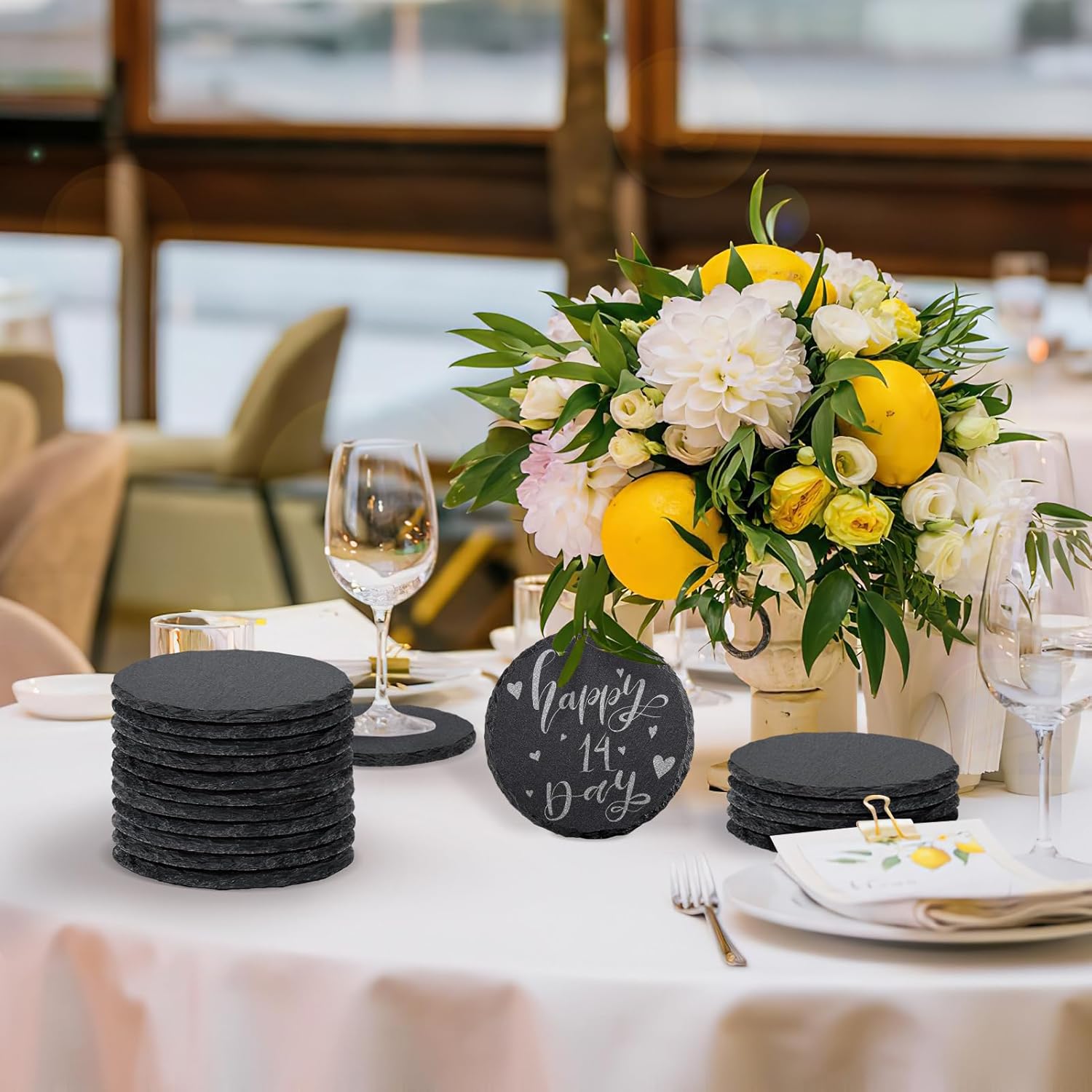 8 PCS Round Slate Drink Coasters Set, SIJDIEE 4 Inch Laser Engraving Black Slate Stone Coasters with Anti-Scratch Bottom and Coaster Holder for Office Bar Kitchen Home Dinner Table Decor Supplies - Image 6