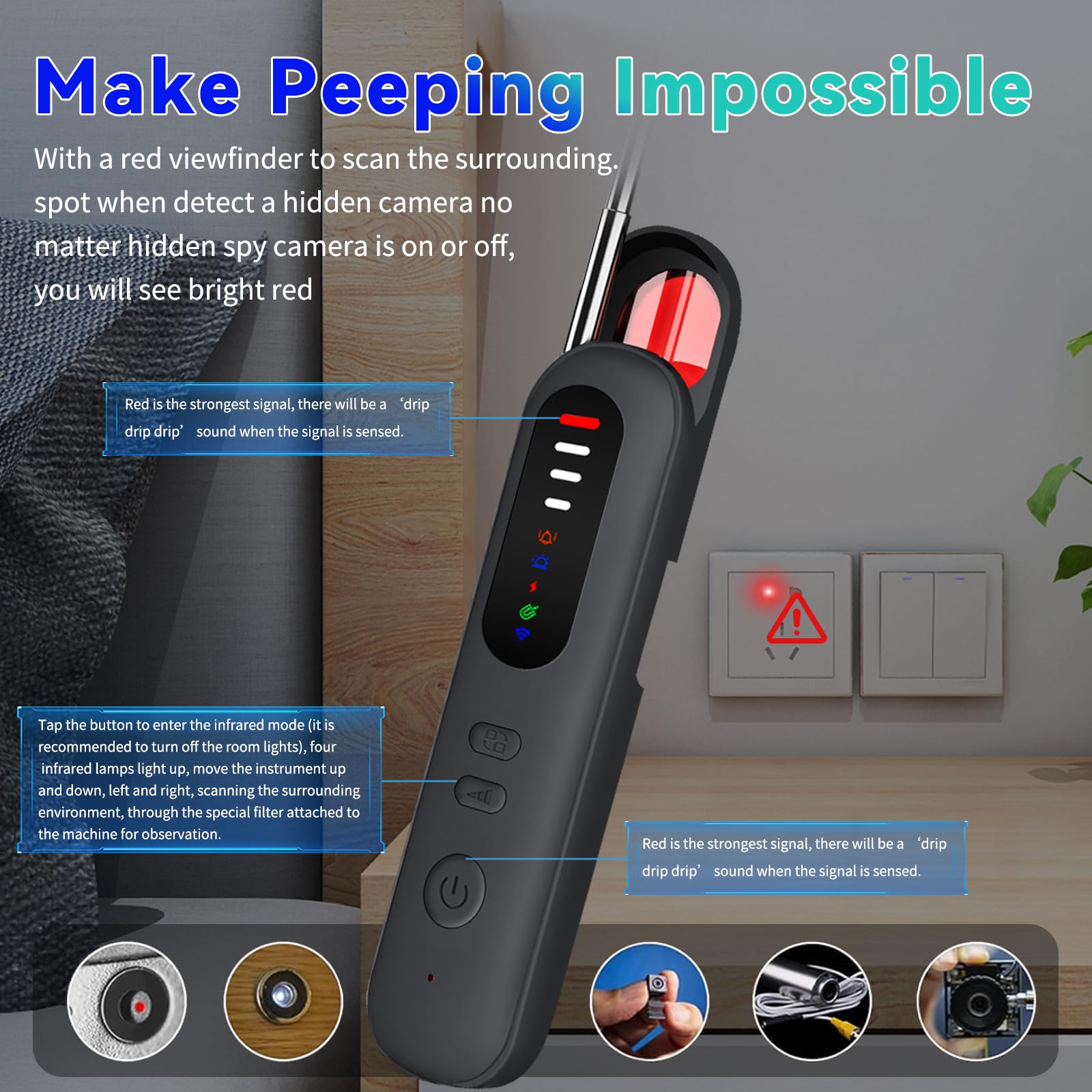 Rilevatore di Microspie Senza Fili,4 in 1 Professionale Portatile Rilevatore di Telecamere Nascoste RF Microspie Anti Spy Anti Recording Detector per Hotel Ufficio Casa Auto