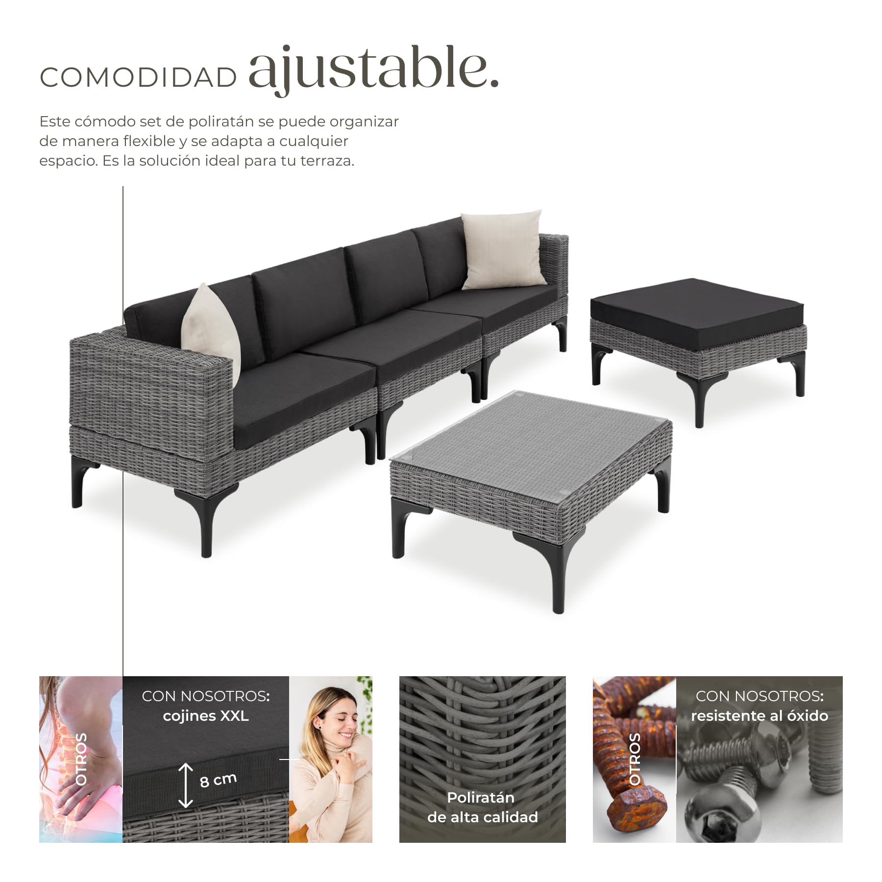TecTake® Conjunto Jardín en Ratán y Aluminio, Cojines 8 cm, Conjunto Terraza Resistente a la Intemperie, Muebles Jardín Exterior 1 Sillón, 1 Taburete, 1 Mesa con Cristal, Fundas Extraíbles - Gris