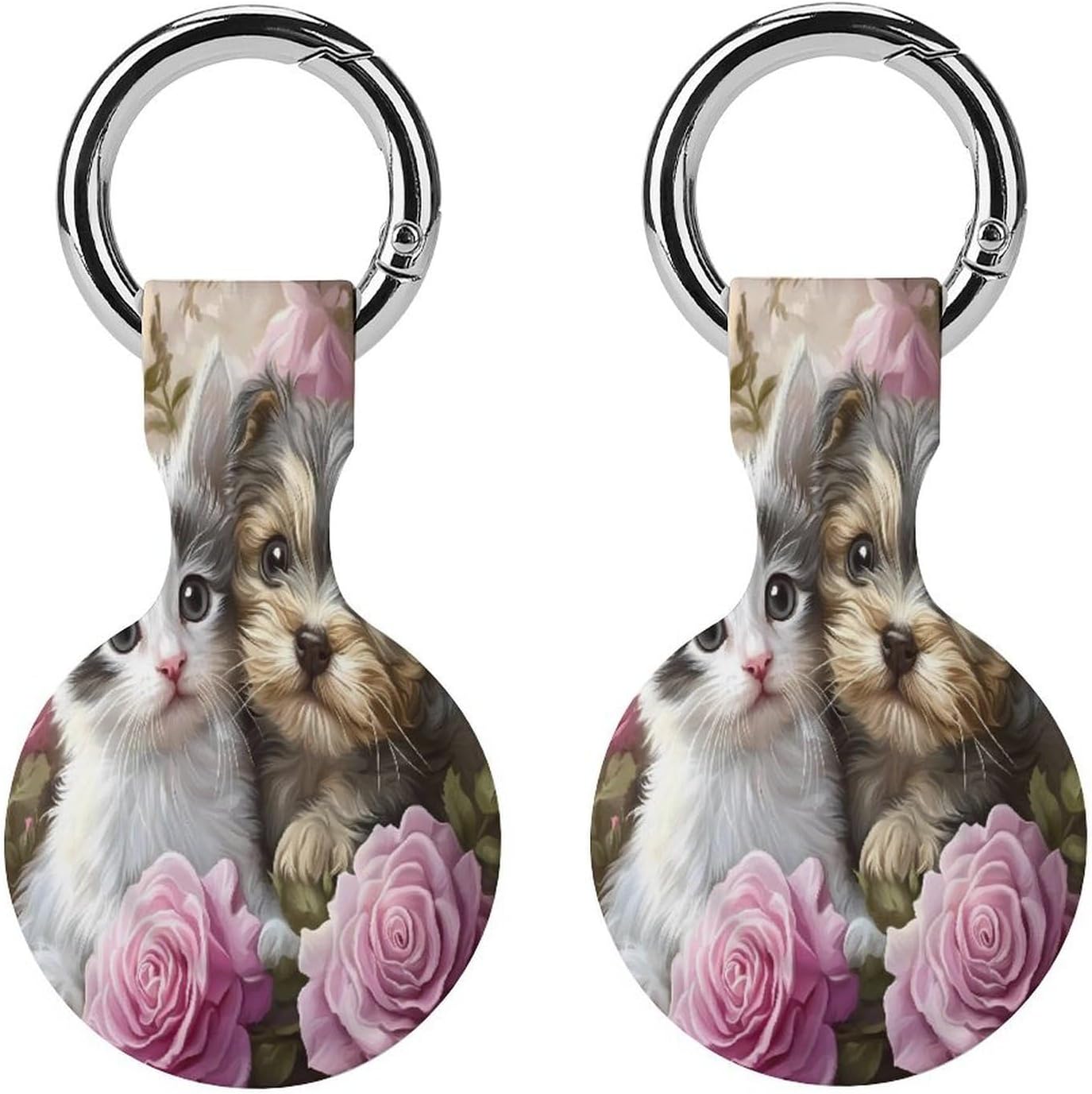 Rose Flower Sweet Love Puppy Kitten Tracker Holder Cover Shockproof Protective Case with Keychain Compatible with Air Tag 4PCS
