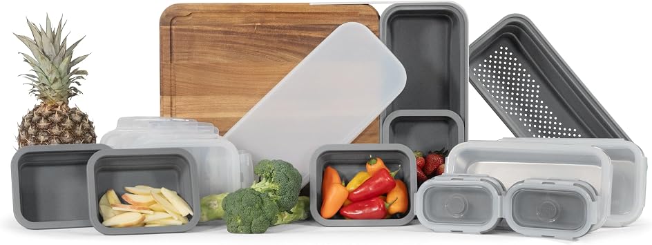 TidyBoard Meal Prep System Pro - Over-the-Sink Smart Chopping Board with Silicone & Metal Containers, Strainer, Lids - 1 Thick Acacia Wood Cutting Board with Containers & Strainers, 24 pieces