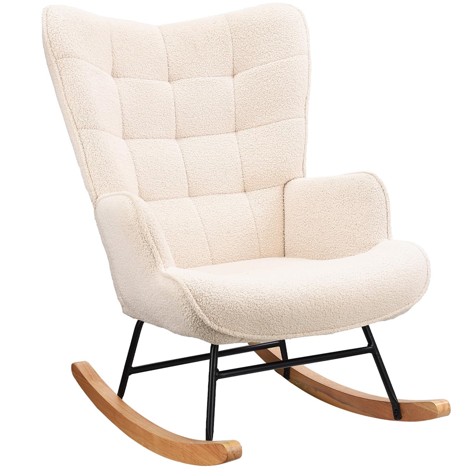 Schaukelstuhl Relaxsessel Stillsessel Schaukelsessel Wohnzimmersessel Schwingsessel mit Metallgestell und Holzsockel, Belastbarkeit Bis 130 Kg, Teddystoff, Beige 75 x 68 x 92 cm