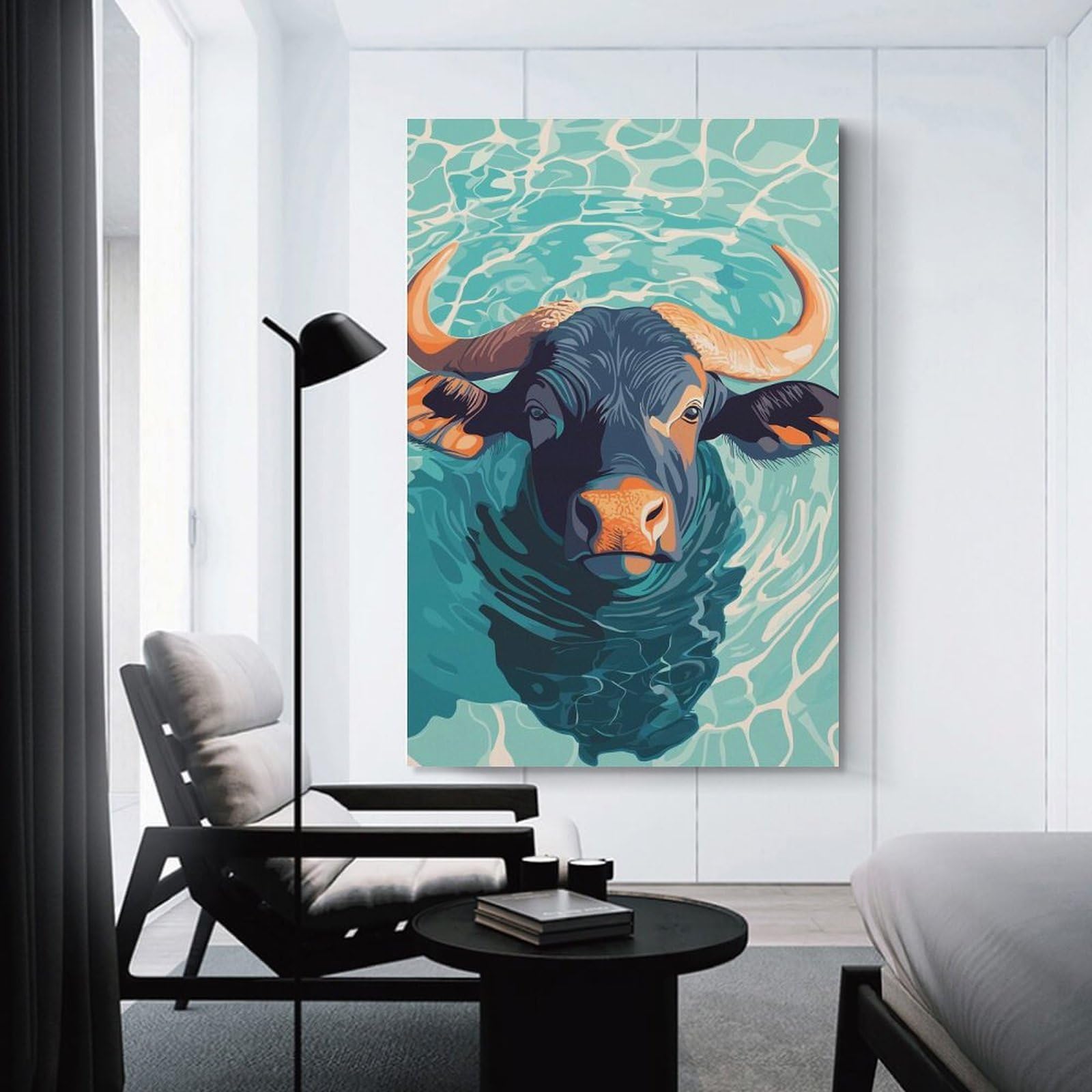 Junmoney Water Buffalo in Water Illustration Canvas Wall Art, 20x30inch(50x75cm), for Living Room, Bedroom, Office Or Hallway, Versatile Wall Decor for Many Rooms