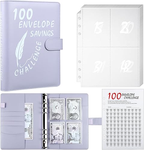 Miniatura 8 de MUQING Carpeta de desafío de 100 sobres, sobres de ahorro de dinero para desafío de efectivo, libro planificador de presupuesto de ahorro de $5050,