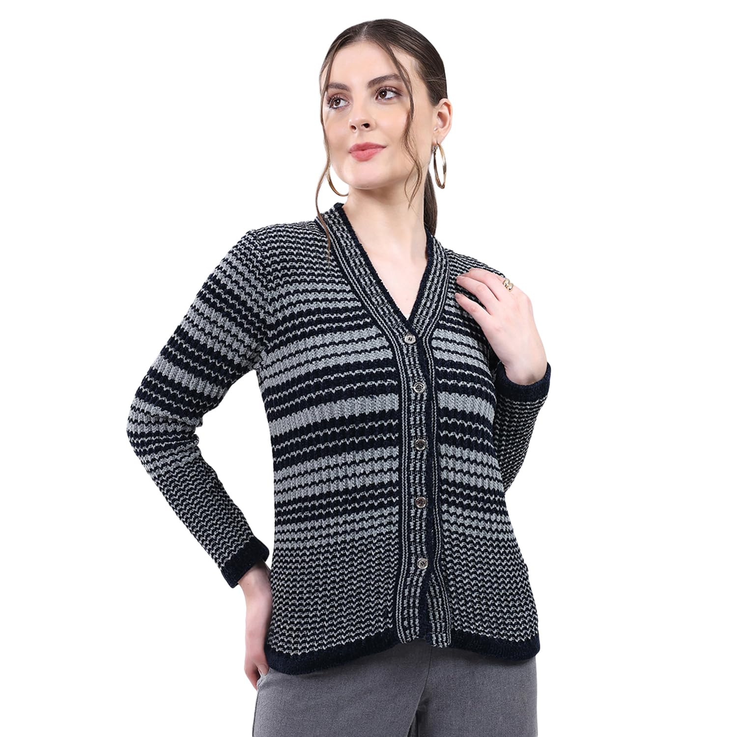 monte carlo Women Regular Fit V Neck Striped Button Closure Full Sleeve Cardigan | Warm Winter wear | Cozy Knitted Sweater | Casual Layering Outfit | Winter Cardigan for Women's-picture-37