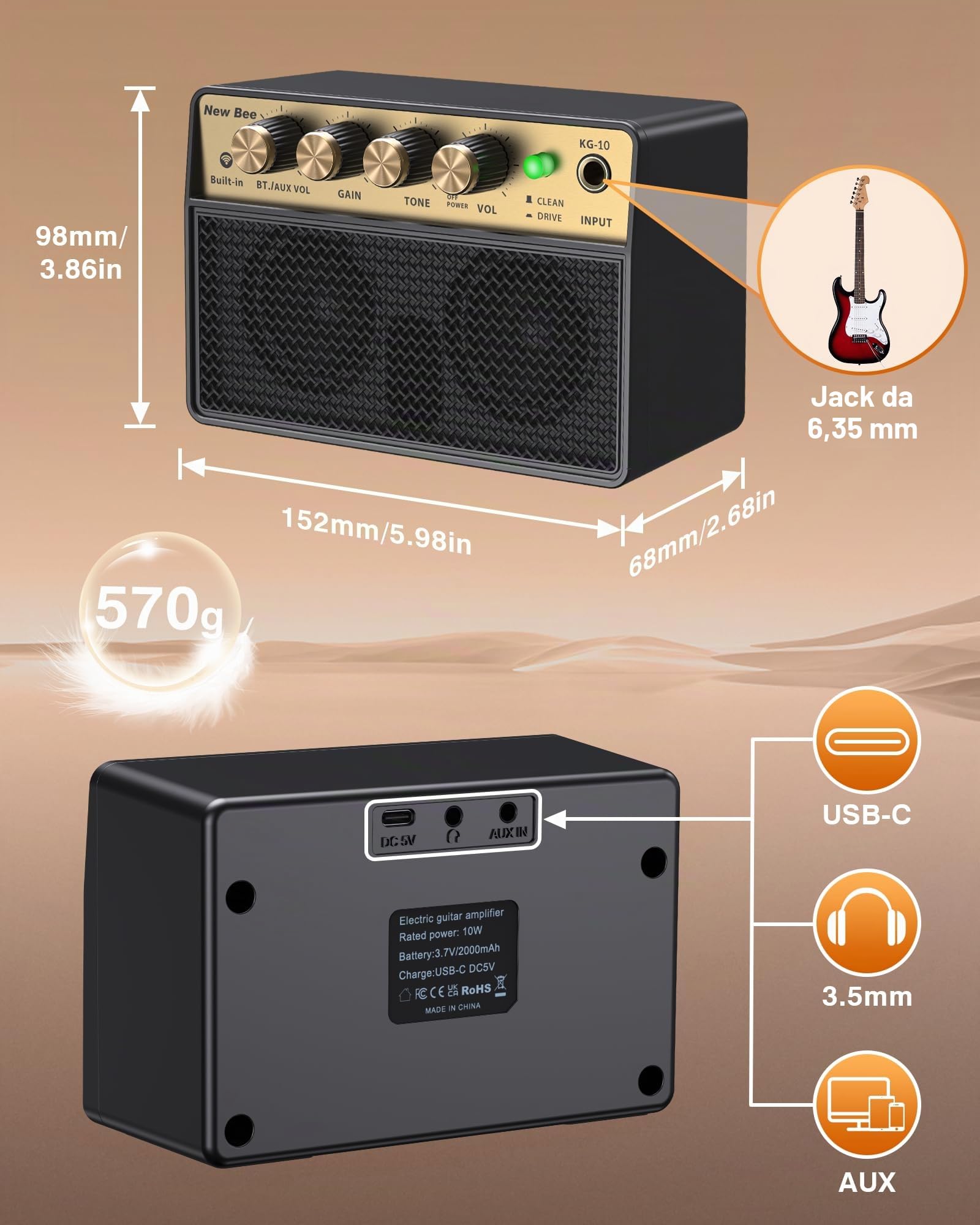 New Bee Amplificatore Chitarra Elettrica Portatile Ricaricabile 10W Mini Basso Elettrico Canale Clean & Drive 6,35mm