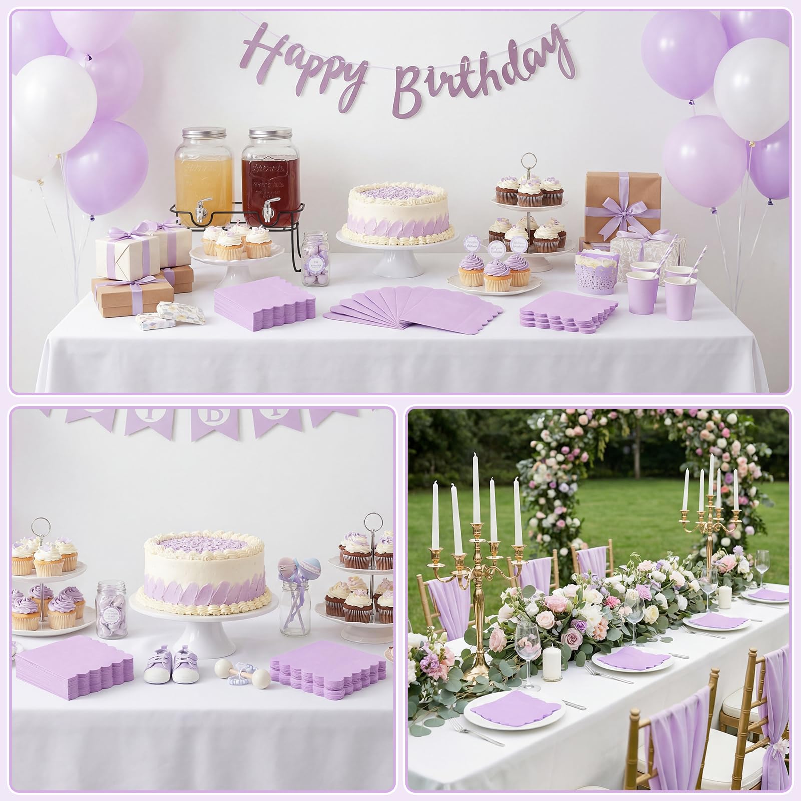 NatNarr 120 servilletas de papel de lavanda festoneadas, 120 unidades | Servilletas de postre de color morado claro para cumpleaños, Halloween, boda, despedida de soltera, baby shower