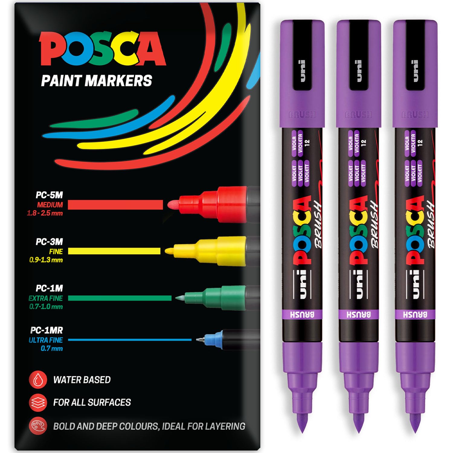 Posca Water Based Acrylic Paint Marker Pens | Multi Surface Use Permanent Paint Pen | Pack of 3 Pens in Envelope Gift Packaging | Glass, Fabric, Wood etc | Brush Nib PC-5BR, Violet