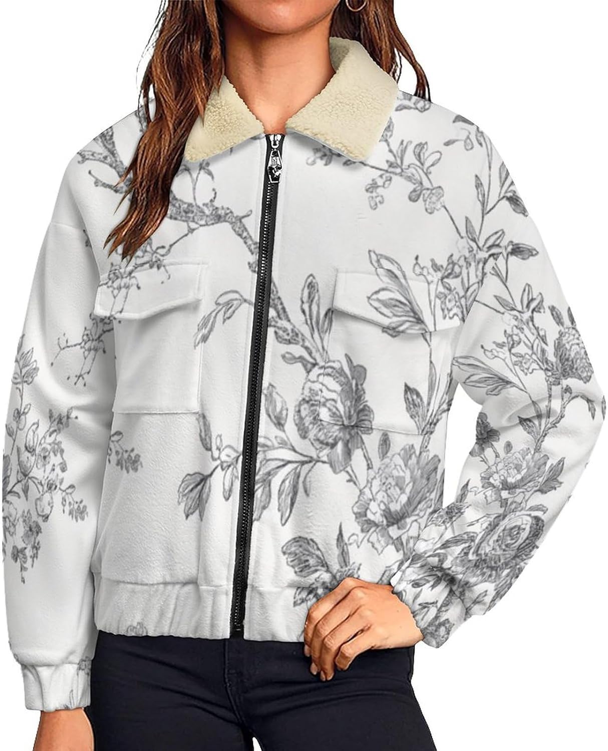 Womens Fuzzy Fleece Jacket with Flowers birds Printed, Zip Up Lapel Sherpa Lined Coats, Casual Winter Warm Outwear