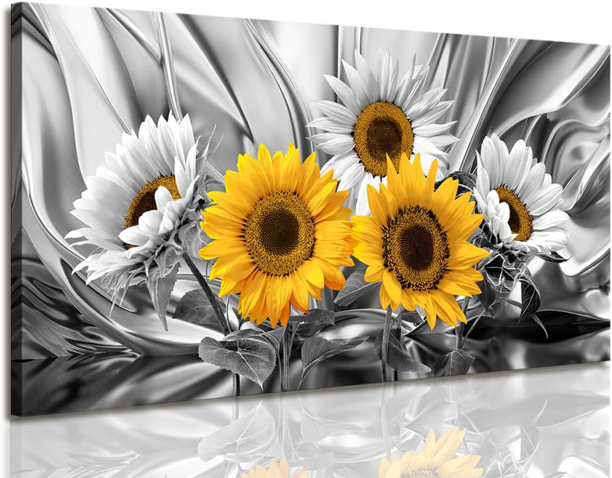 Yellow Wall Art Sunflower Picture Canvas Prints Bedroom Decor Large Sunflower Canvas Wall Art Black and White Silver Background Picture for Wall Decor Sunflower Art Home Decoration Stretched 24x48inch
