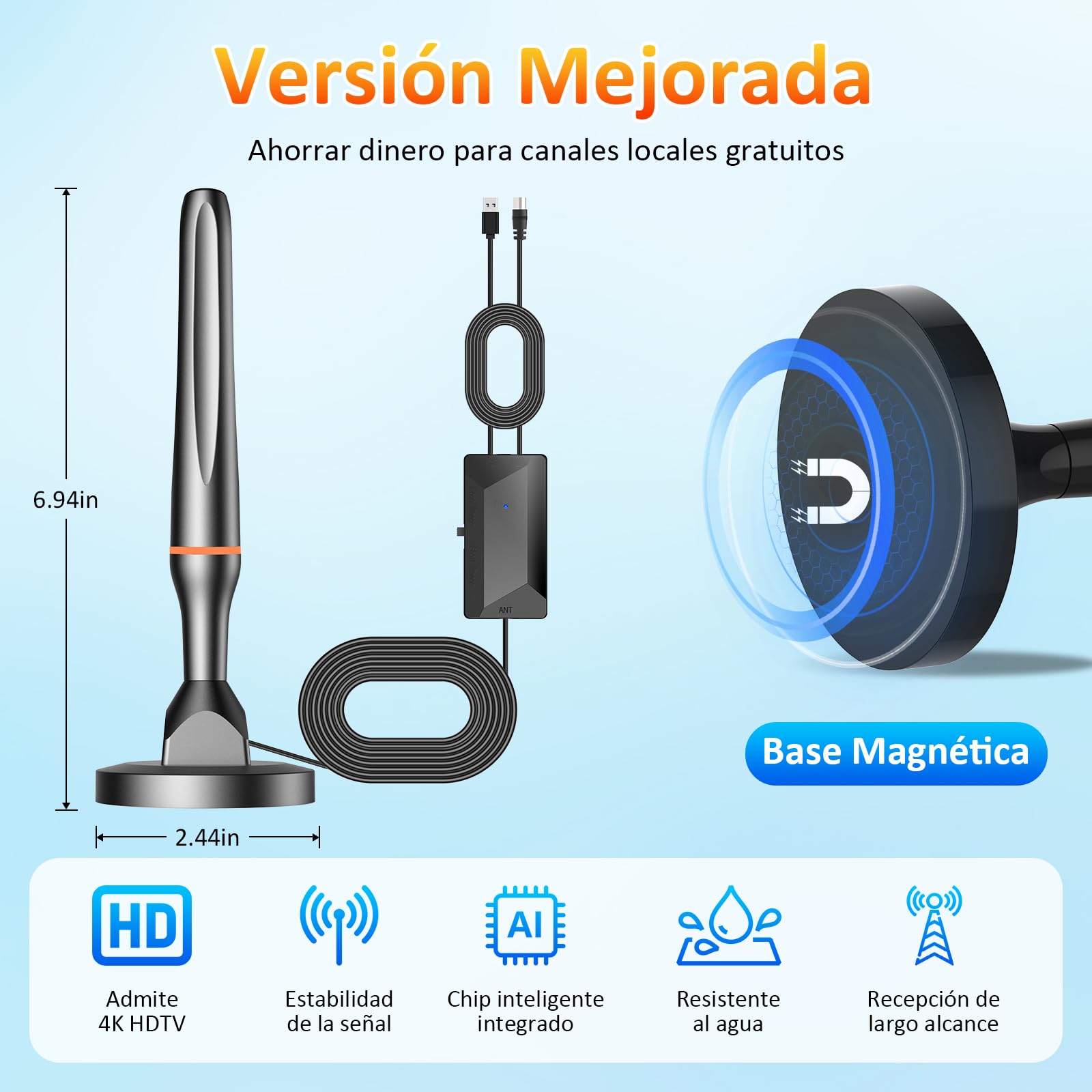 Antenna TV interna potente 2025, 260 miglia ricevitore digitale 4 K/1080P con base magnetica, antenna TV portatile, capta tutti i canali locali, cavo coassiale 3M