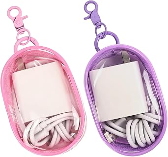 PVC Storage Bag for Organizing Data Cables, Chargers, Earphone, Earbud Case, Keys, Clear Blind Box Display Bag with Keychain, Makeup Bag, Multi-functional Storage Box 2 pcs Purple+ Pink