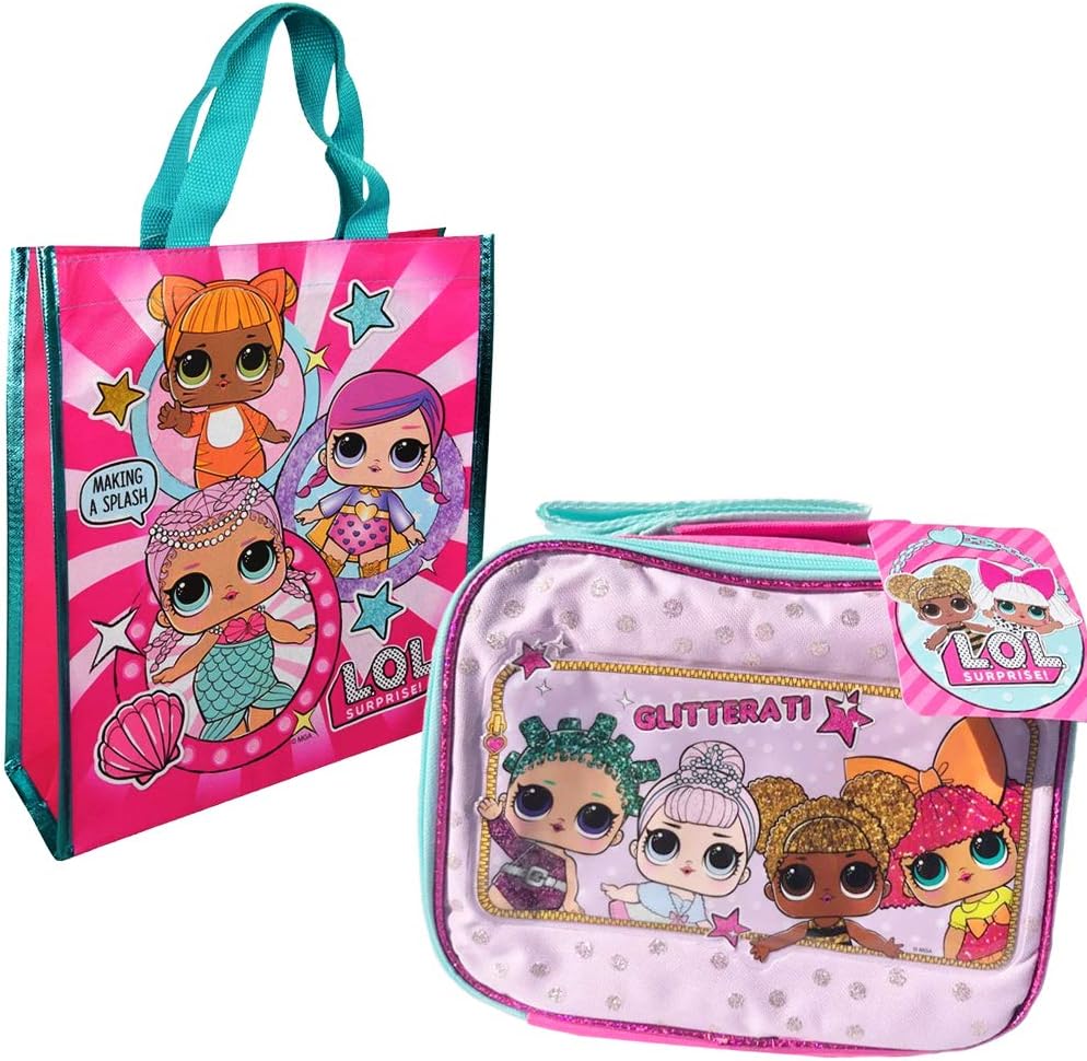 LOL Dolls Lunch Box and LOL Dolls Bag Bundle, Includes LOL Dolls Glitter Zip Up Lunch Bag and L.O.L. Dolls Glitter Storage Tote Bag, New LOL Series Holiday Stocking Stuffer Toys for Girls