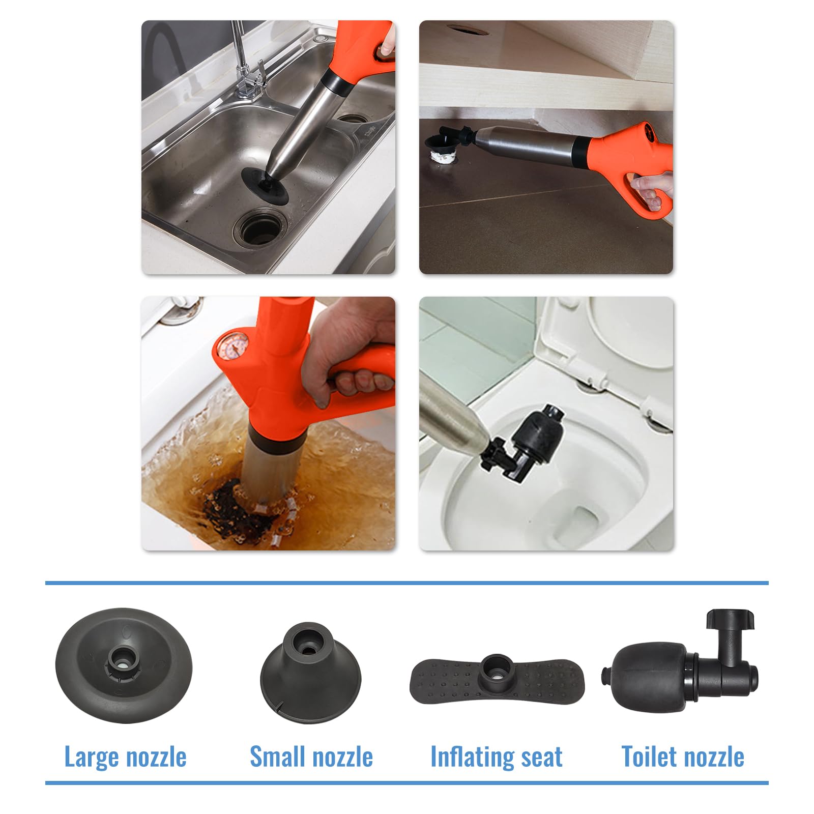 Deboucheur Canalisation, Ventouse Deboucheur avec baromètre, Débouche Toilette avec Quatre Ventouses pour les Salles de Bains, les Toilettes et les Lavabos