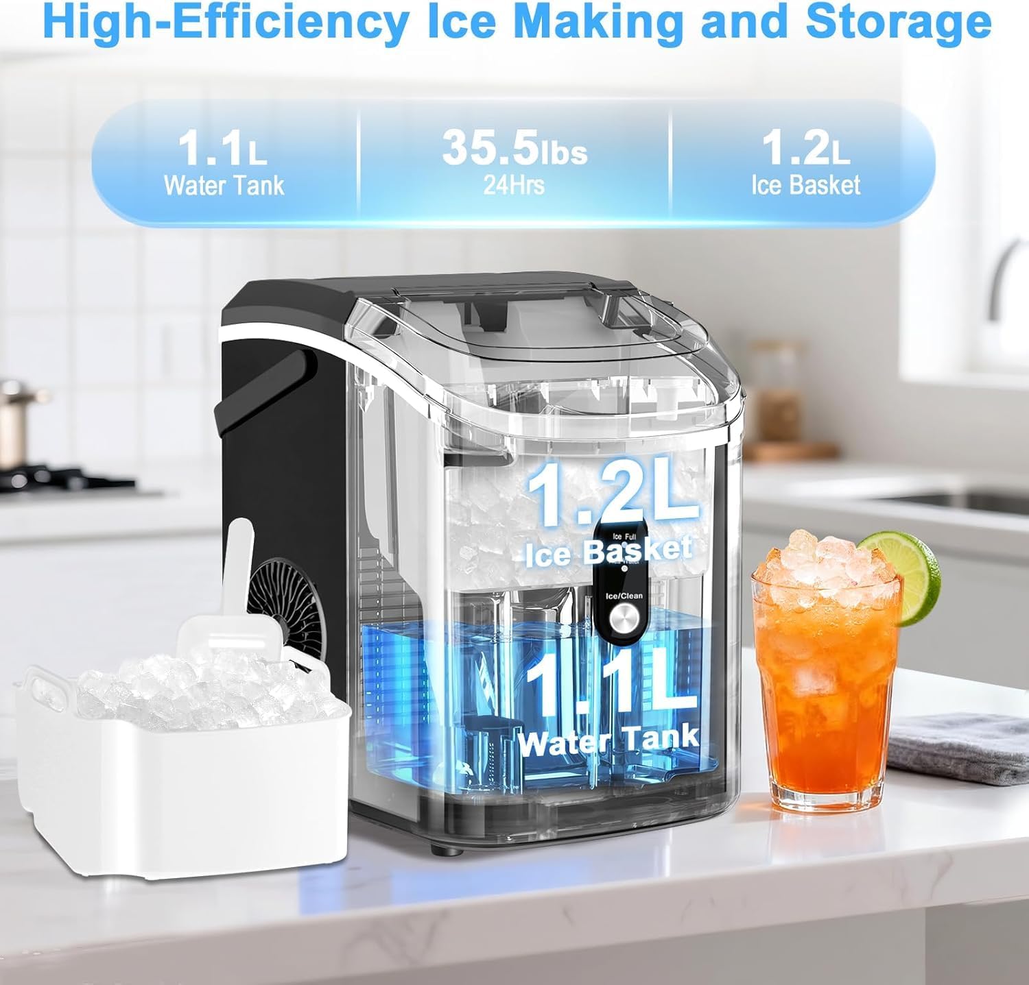 Nugget Ice Maker Countertop with Handle, Chewable Pellet Ice Maker with Self-Cleaning, 35.5Lbs/24Hrs, Ready in 6 Mins, Portable Sonic Ice Maker with Basket & Scoop for Home, Party, Camping, Black