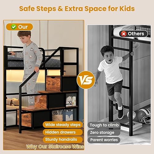 Miniatura 5 de Litera baja individual sobre individual con escalera de almacenamiento, cajones y estantes, luces LED RGB integradas, estación de carga, barandilla