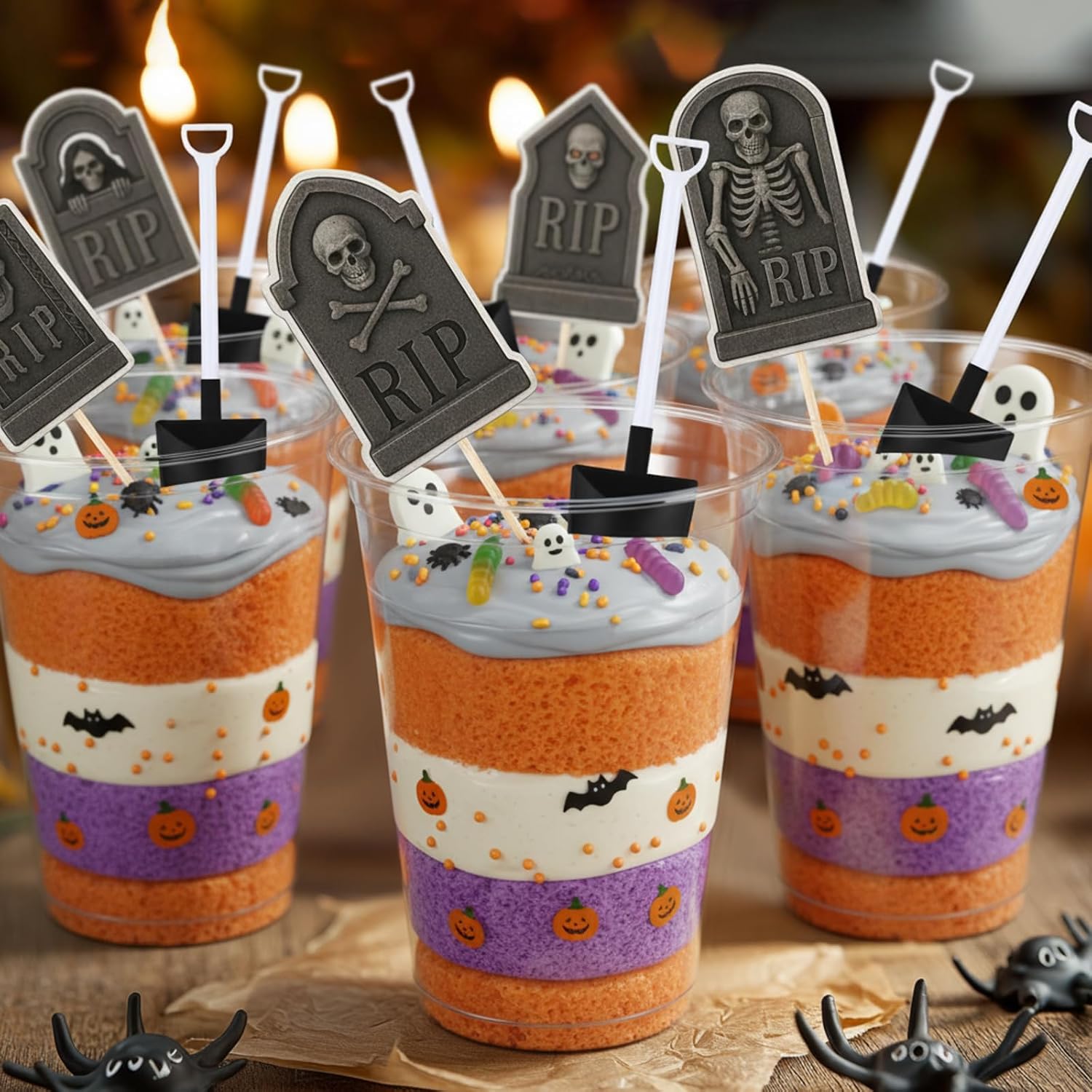 Honeydak 48 Set DIY Halloween Dirt Cups for Party Halloween Graveyard Tombstone Cake Toppers Decorations with Shovel Spoons Plastic Dessert Cups for Horror Ghost Party (14 oz)