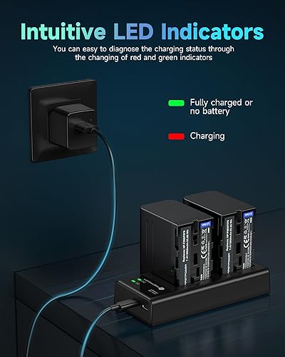 Miniatura 5 de FirstPower Paquete de 2 baterías NP-F970 y cargador dual USB para batería Sony NP-F970 F960 F950 F930 F750 F570 F550 F530 F330 y Sony Handycams