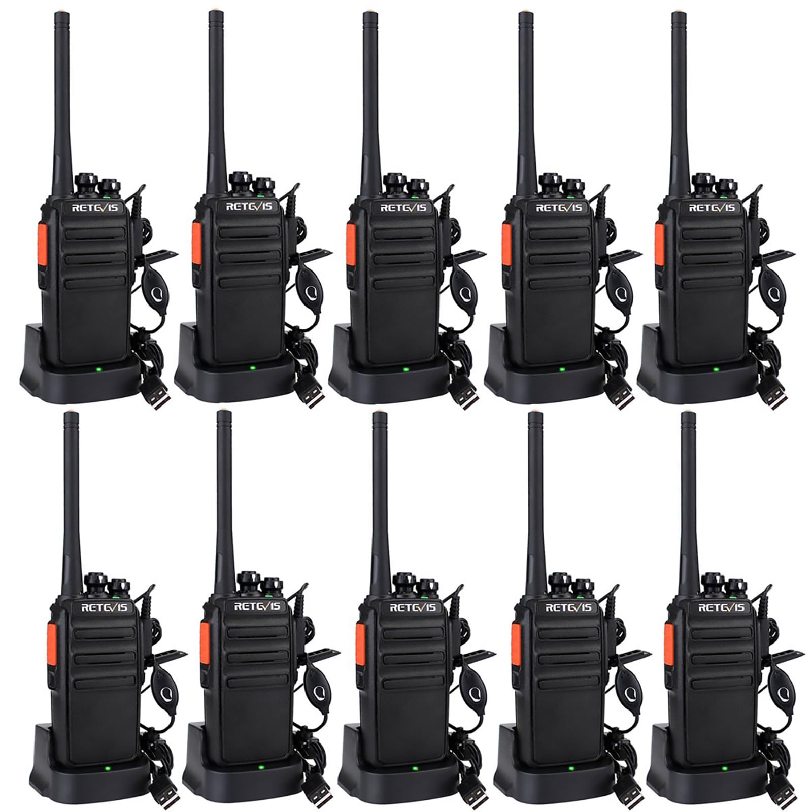 RetevisRT24 Walkie Talkies for Adults, Professional Two Way Radio, PMR446 Long Range License Free, 2 Way Radios Walkie Talkie with Earpieces for Commercial, School (Black,10 Pack)