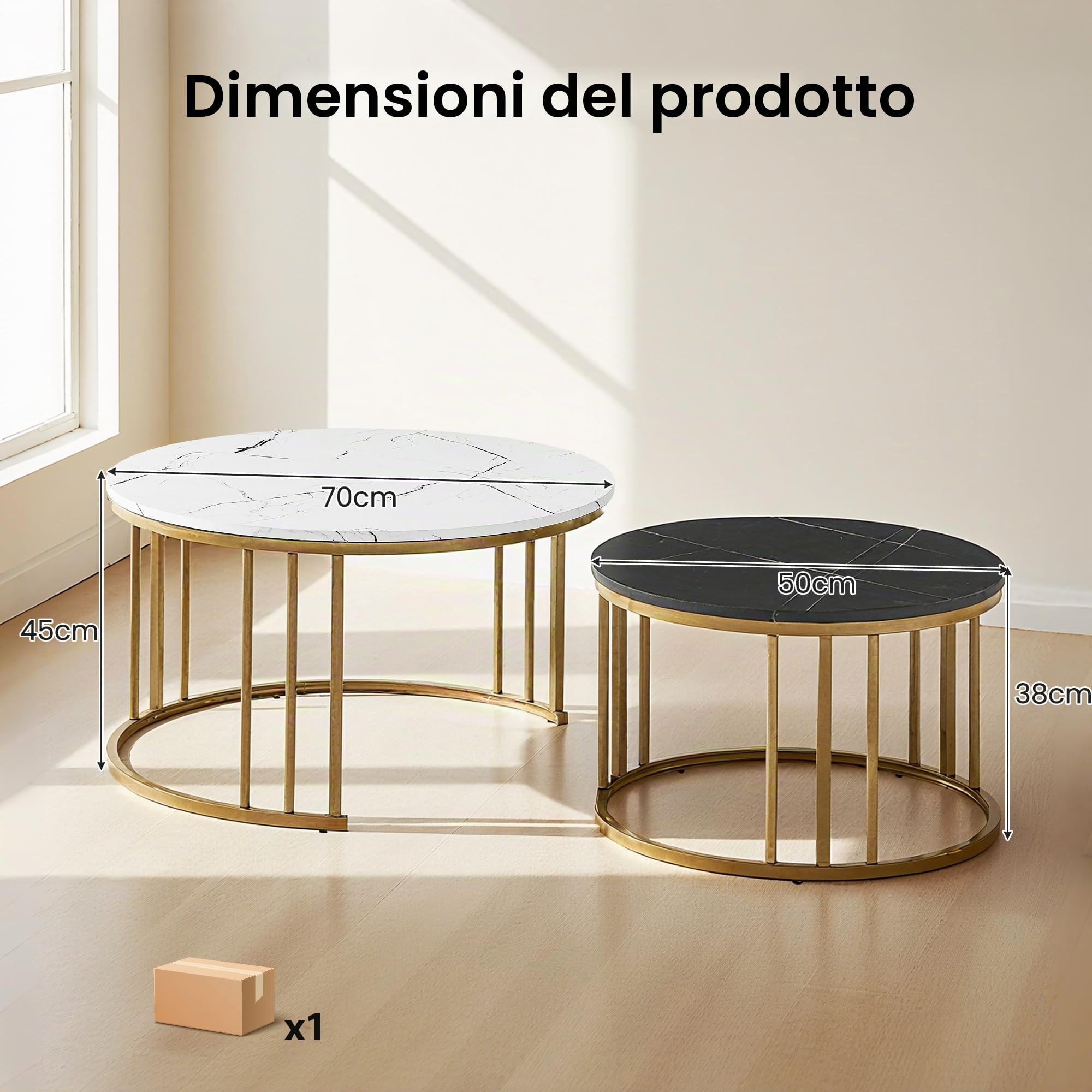 CLIPOP Tavolino Rotondo per il Soggiorno con Effetto Marmo, Impilabile con Struttura in Metallo Dorato, Tavolino da Tè per Piccoli Spazi, 80 x 80 x 46 cm (Bianco-Nero)