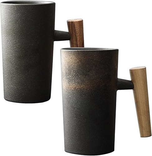 Miniatura 7 de Taza de café con mango de madera, 7.4 fl oz, taza de café de madera, tazas ergonómicas exquisitas de gres vintage, taza de cerámica para oficina en