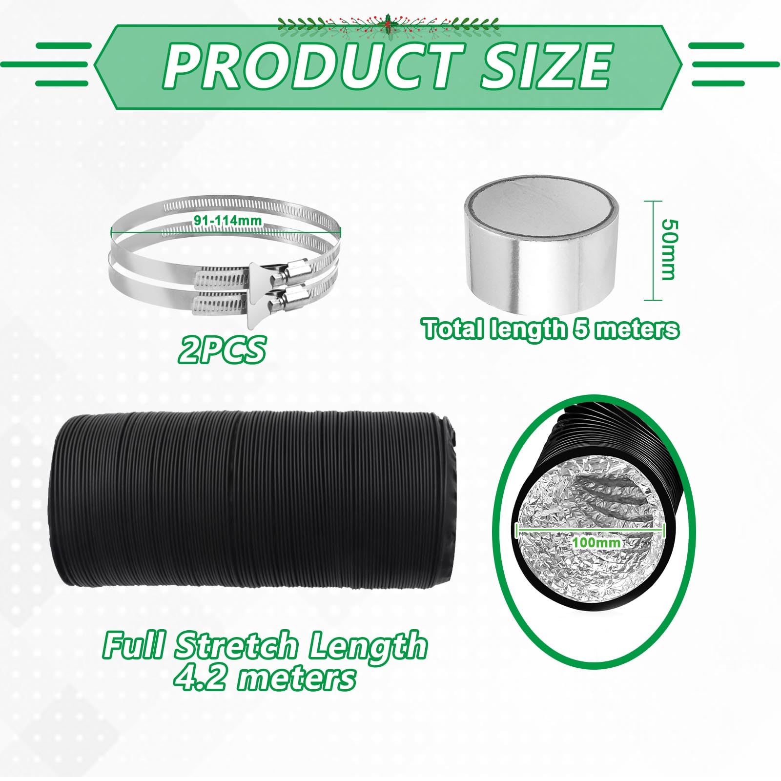 100mm Tumble Dryer Vent Hose 4.2m Long PVC Aluminium Flexible Ducting Hose with 2 Clamps,1 Volume Tape Black Air Ducting Vent for Air Conditioner HVAC Ventilation - Image 2