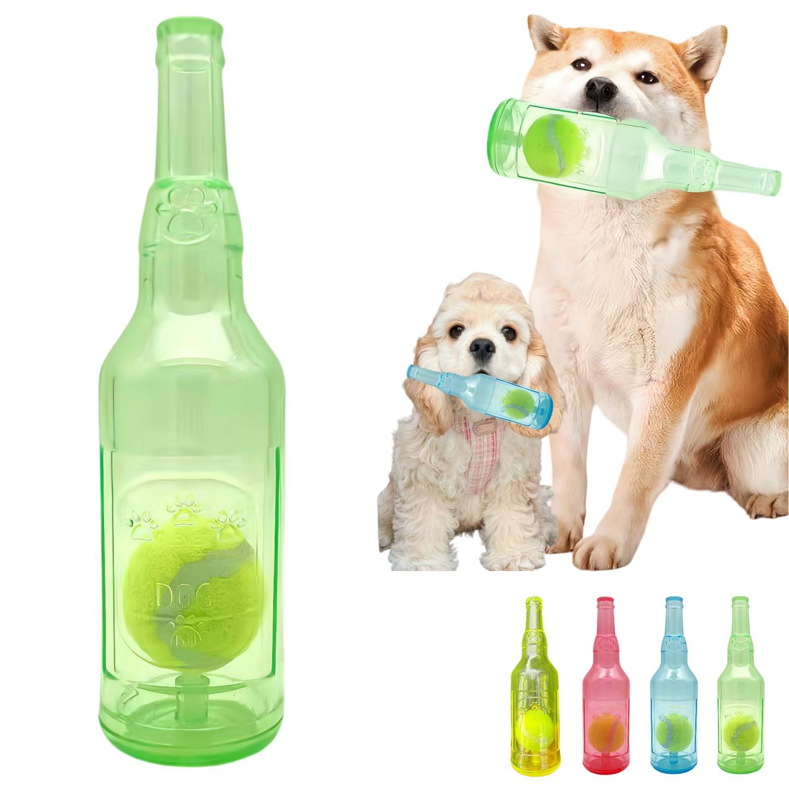 Jatmira Cute Tough Dog Toy Rubber Bottle Squeaky Dogs Chew Toy Long Lasting Interactive Fetch Toy for Teething Tennis Ball Included (Green, Large)