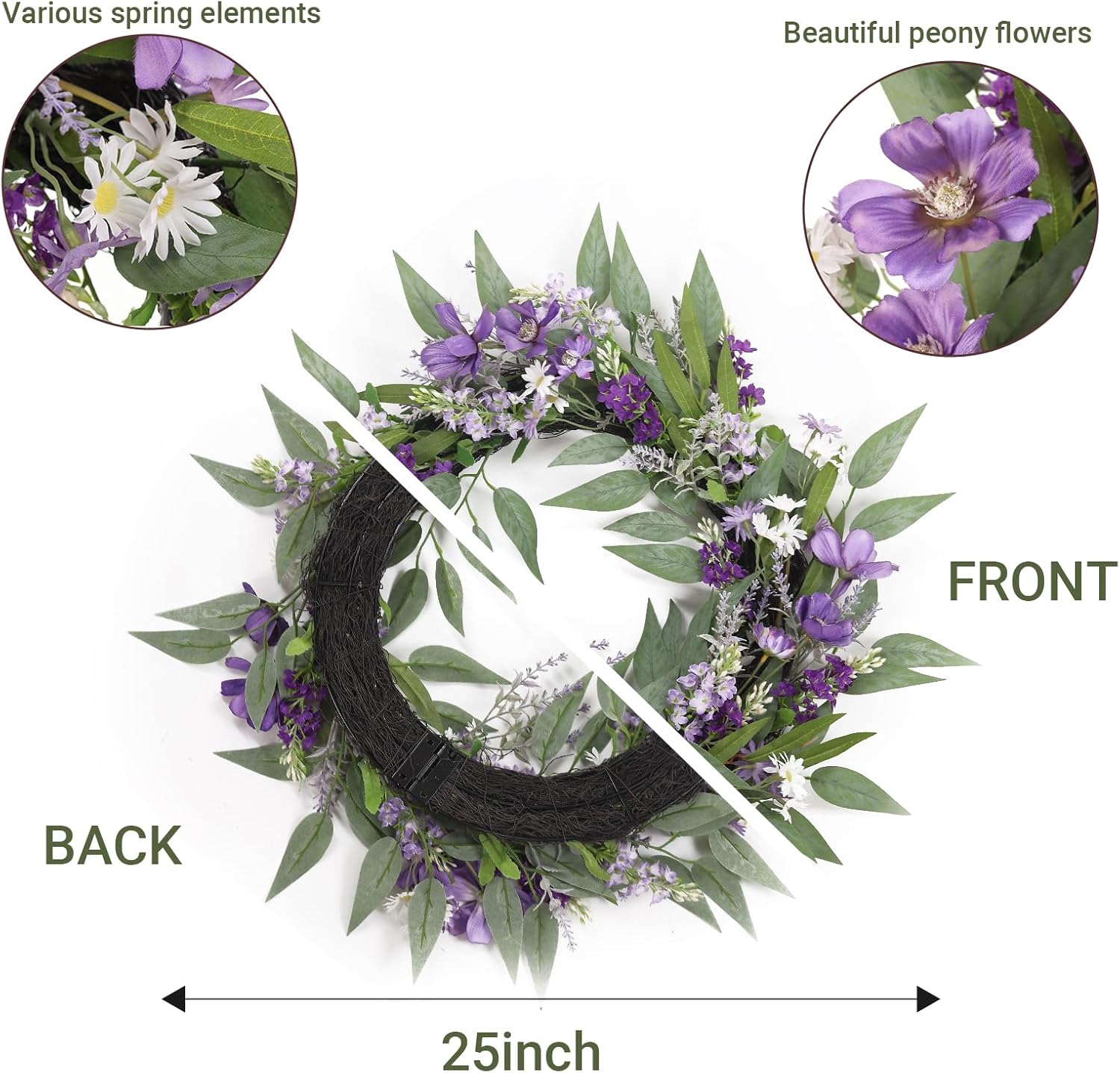 25-Inch Spring Wreaths for Front Door Lavender Wreath Purple Flower Wreath with Daisy, Artificial Wildflowers Greenery Leaves Summer Wreath Door Wreath for Porch Wall Window Indoor Outdoor Home Decor